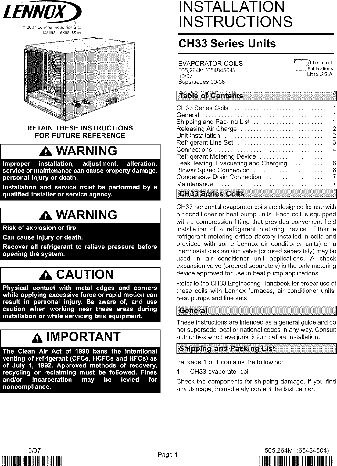 Page 1 of 8 - LENNOX  Evaporator Coils Manual L0806274