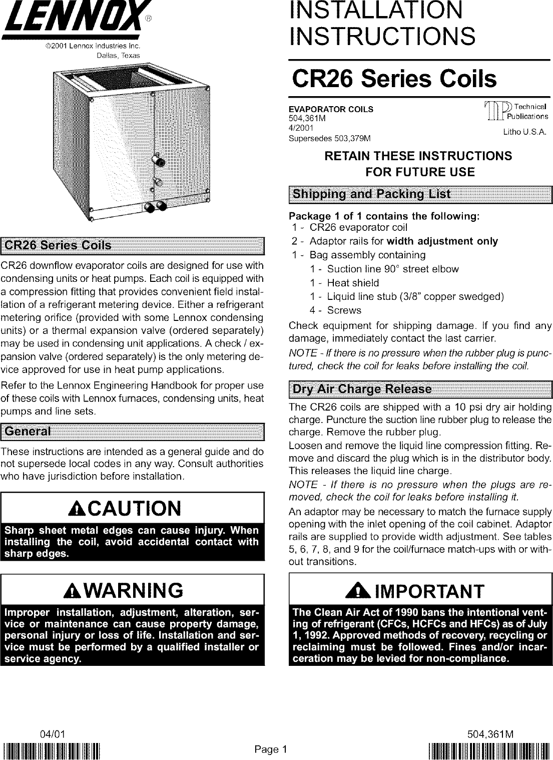 Page 1 of 8 - LENNOX  Evaporator Coils Manual L0806276