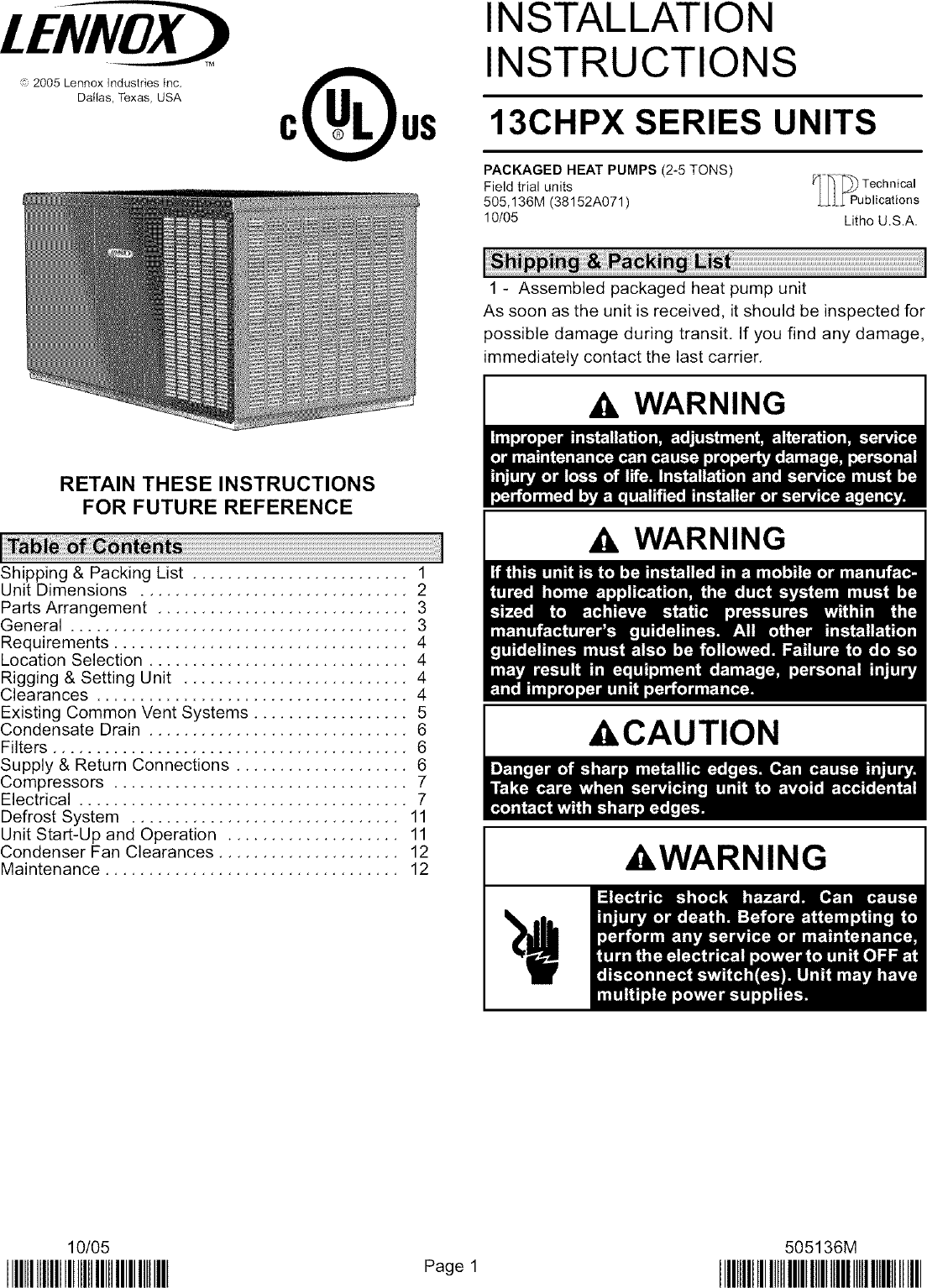 Page 1 of 12 - LENNOX  Package Units(both Units Combined) Manual L0806654