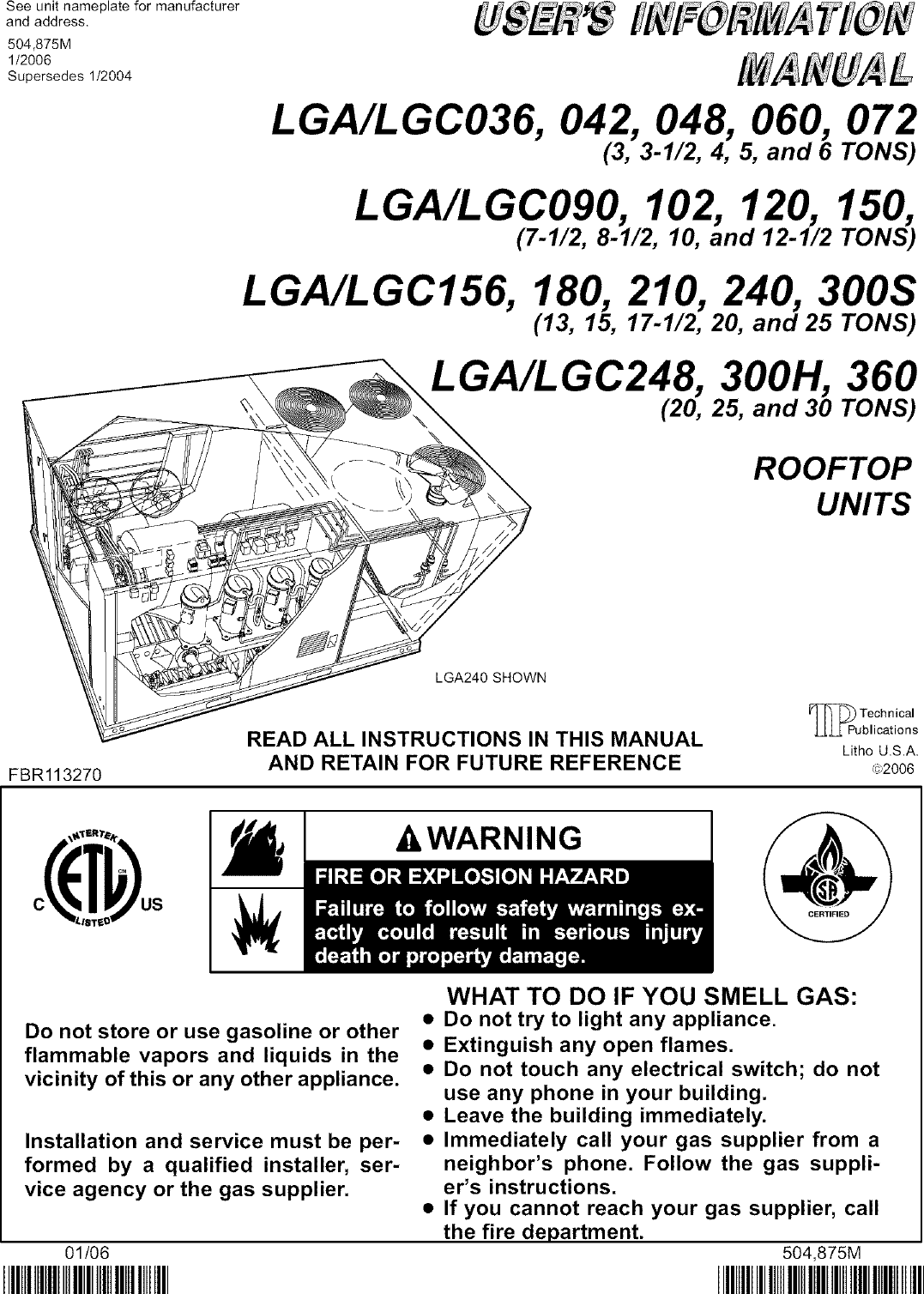 Page 1 of 8 - LENNOX  Package Units(both Units Combined) Manual L0806704