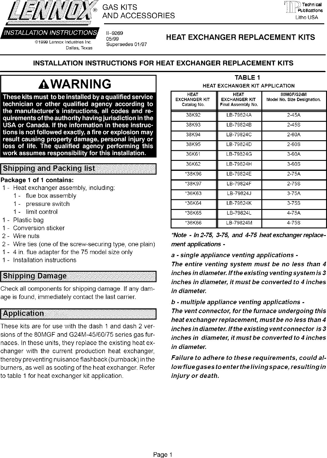 Page 1 of 2 - LENNOX Furnace/Heater, Gas Manual L0806908