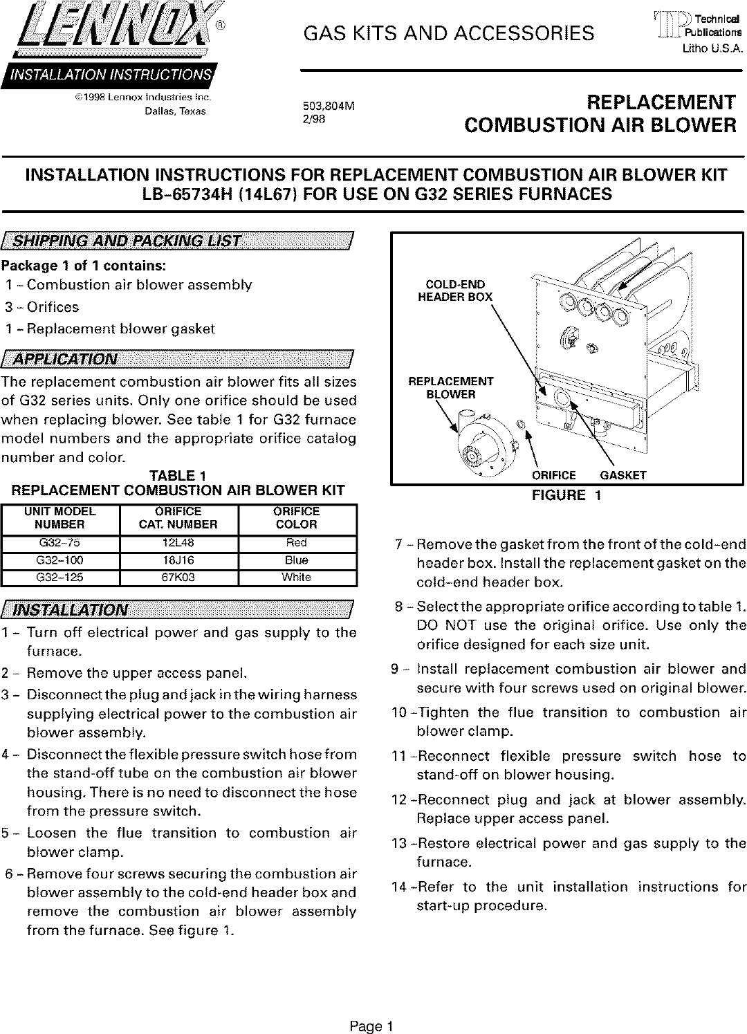LENNOX Furnace/Heater, Gas Manual L0807030