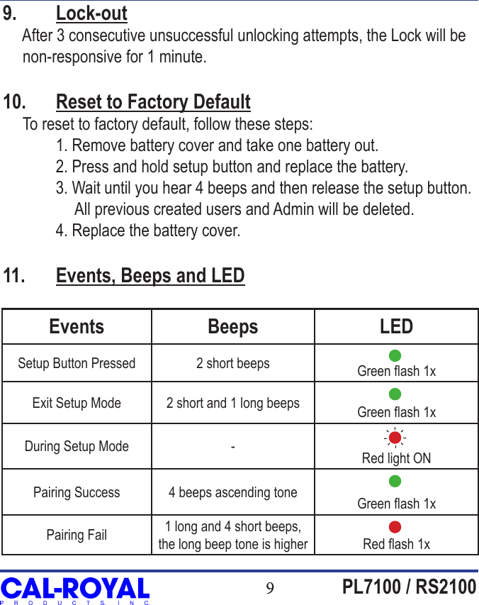 9PL7100 / RS2100Events Beeps LEDSetup Button Pressed 2 short beeps Green ash 1xExit Setup Mode 2 short and 1 long beeps Green ash 1xDuring Setup Mode - Red light ONPairing Success 4 beeps ascending tone Green ash 1xPairing Fail 1 long and 4 short beeps, the long beep tone is higher Red ash 1x9.  Lock-out     After 3 consecutive unsuccessful unlocking attempts, the Lock will be      non-responsive for 1 minute.10.  Reset to Factory Default     To reset to factory default, follow these steps:  1. Remove battery cover and take one battery out.  2. Press and hold setup button and replace the battery.  3. Wait until you hear 4 beeps and then release the setup button.                   All previous created users and Admin will be deleted.  4. Replace the battery cover.11.  Events, Beeps and LED