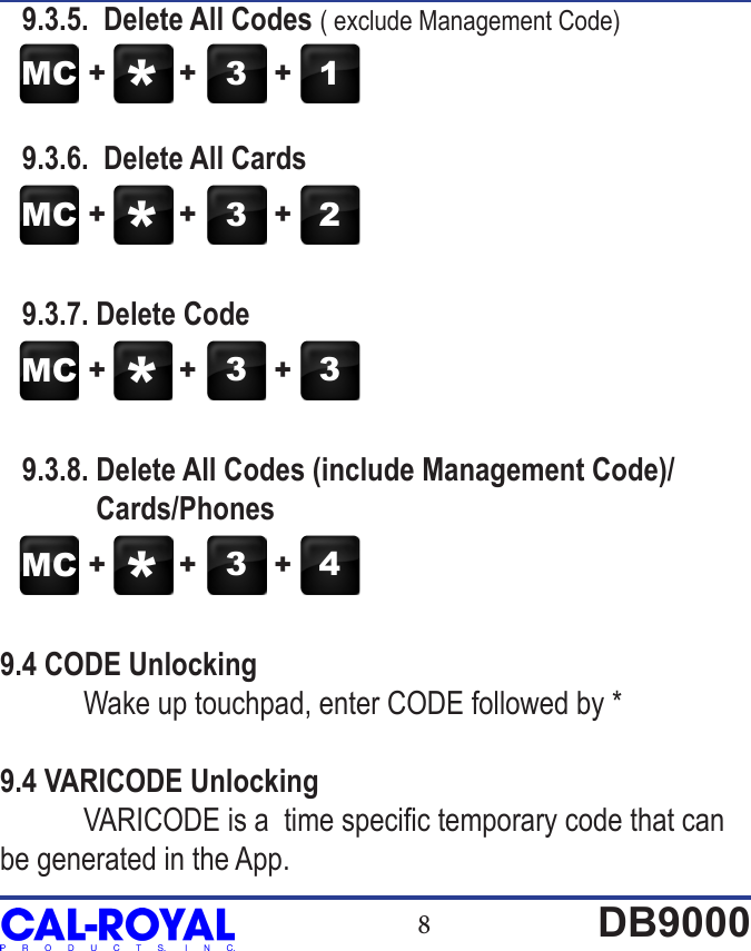 8DB9000   9.3.5.  Delete All Codes ( exclude Management Code)    9.3.6.  Delete All Cards   9.3.7. Delete Code   9.3.8. Delete All Codes (include Management Code)/               Cards/Phones9.4 CODE Unlocking Wake up touchpad, enter CODE followed by *9.4 VARICODE Unlocking VARICODE is a  time specic temporary code that can be generated in the App.MC 3 1+ + +*MC 3 2+ + +*MC 3 3+ + +*MC 3 4+ + +*