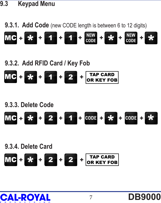 7DB90009.3  Keypad Menu   9.3.1.  Add Code (new CODE length is between 6 to 12 digits)   9.3.2.  Add RFID Card / Key Fob   9.3.3. Delete Code   9.3.4. Delete CardMC 2 2+ + + + TAP CARD OR KEY FOBMC *1 1 NEWCODENEWCODE++ + + + + +* *MC 1 2 TAP CARD OR KEY FOB+ + + +*MC 2 1 CODE CODE++ + + + + +* * **