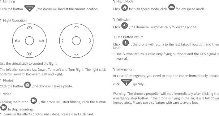  ·LandingClick the button , the drone will land at the current location. ·Flight OperationUse the virtual stick to control the flight.The left stick controls Up, Down, Turn Left and Turn Right. The right stick controls Forward, Backward, Left and Right. ·PhotosClick the button , the drone will take a photo. ·VideoClicking the button , the drone will start filming, click the button to stop recording.* To ensure the effects photos and videos, please insert a TF card. ·Flight ModeClick for high speed mode, click  for low speed mode. ·FollowMeClick , the drone will automatically follow the phone. ·One Button ReturnClick , the drone will return to the last takeoff location and then land.* One Button Return is valid only flying outdoors and the GPS signal is normal. ·EmergencyIn case of emergency, you need to stop the drone immediately, please click quickly.Warning: The drone&apos;s propeller will stop immediately after clicking the emergency stop button. If the drone is flying in the air, it will fall down immediately. Please use this feature with care to avoid loss. 