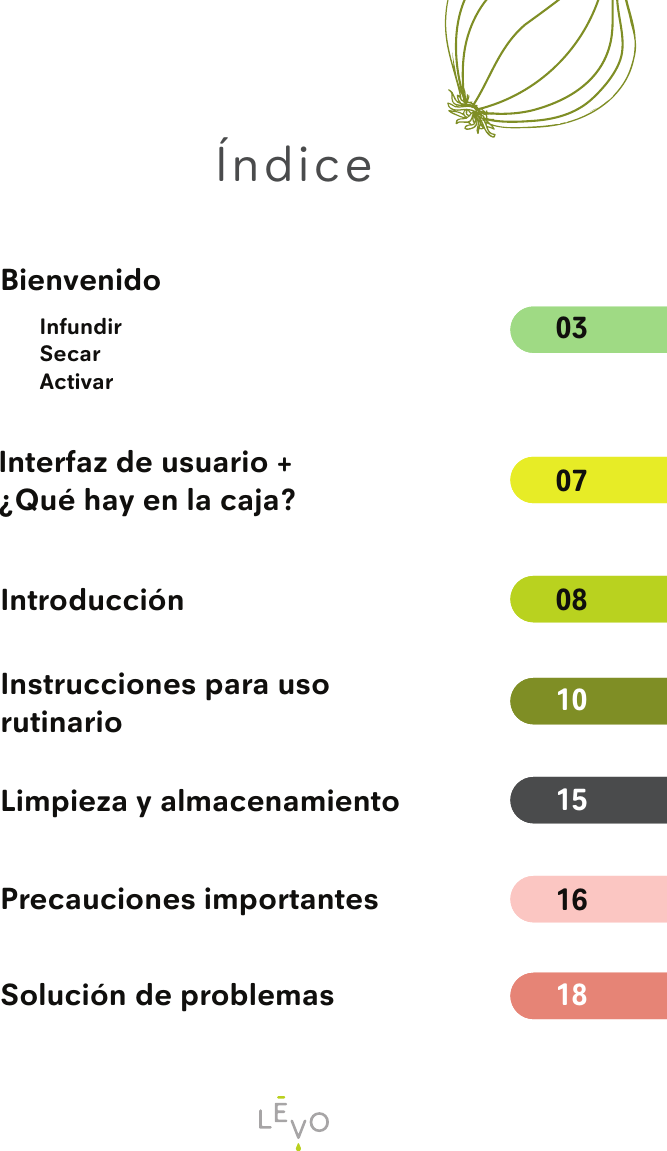 0307Interfaz de usuario + ¿Qué hay en la caja?BienvenidoInfundirSecarActivarIntroducciónInstrucciones para uso rutinarioLimpieza y almacenamientoPrecauciones importantesSolución de problemas0815161810Índice