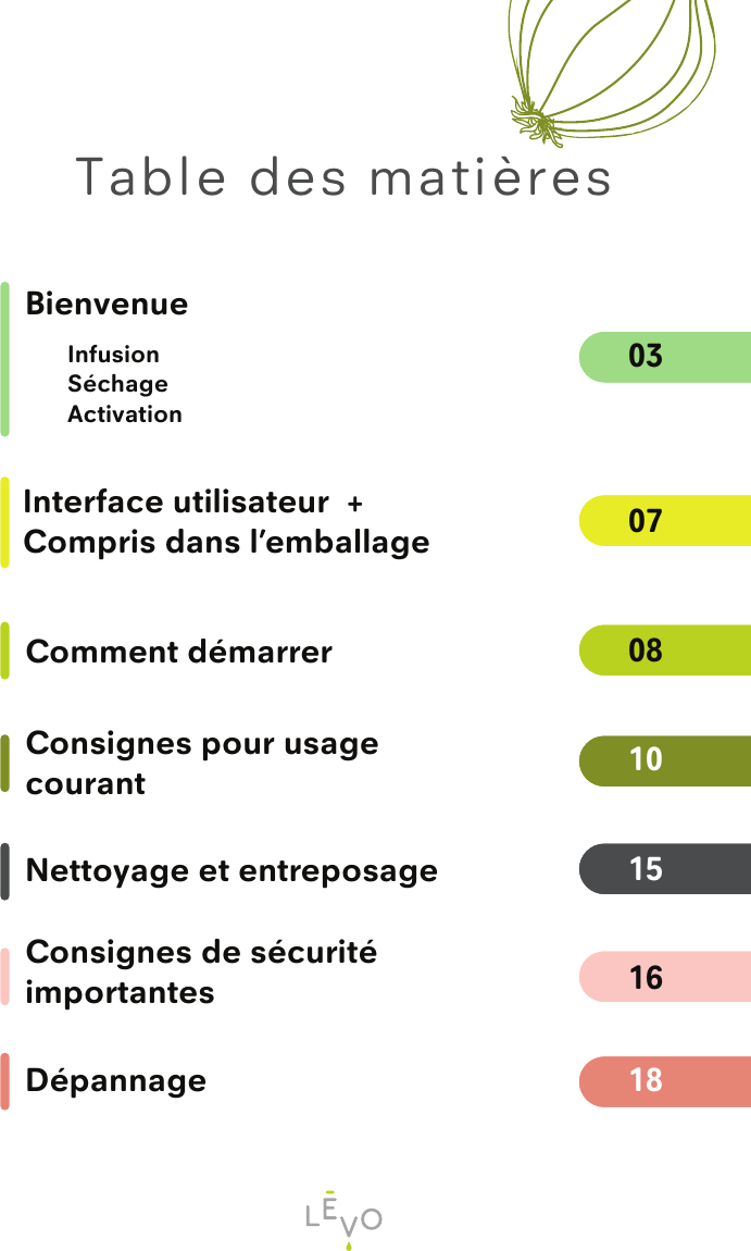 0307Interface utilisateur  + Compris dans l’emballageBienvenueInfusionSéchageActivationComment démarrerConsignes pour usage courantNettoyage et entreposageConsignes de sécurité importantesDépannage0815161810Table des matières