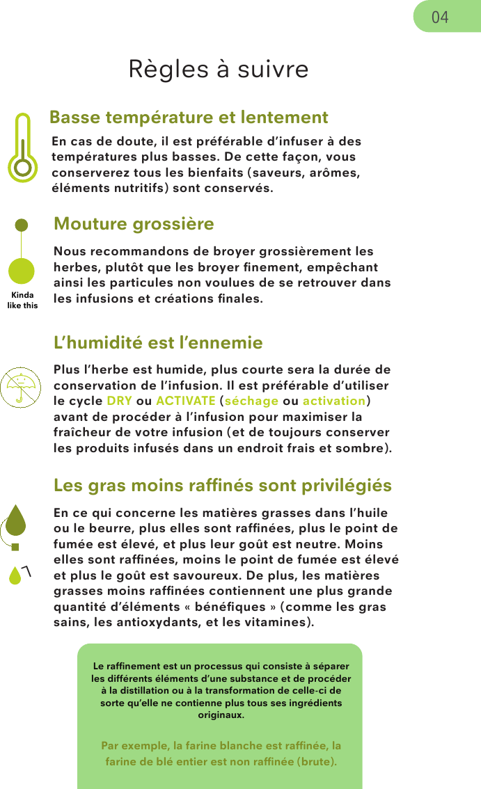 En cas de doute, il est préférable d’infuser à des températures plus basses. De cette façon, vous conserverez tous les bienfaits (saveurs, arômes, éléments nutritifs) sont conservés.Plus l’herbe est humide, plus courte sera la durée de conservation de l’infusion. Il est préférable d’utiliser le cycle DRY ou ACTIVATE (séchage ou activation) avant de procéder à l’infusion pour maximiser la fraîcheur de votre infusion (et de toujours conserver les produits infusés dans un endroit frais et sombre).En ce qui concerne les matières grasses dans l’huile ou le beurre, plus elles sont rafﬁnées, plus le point de fumée est élevé, et plus leur goût est neutre. Moins elles sont rafﬁnées, moins le point de fumée est élevé et plus le goût est savoureux. De plus, les matières grasses moins rafﬁnées contiennent une plus grande quantité d’éléments « bénéﬁques » (comme les gras sains, les antioxydants, et les vitamines). Le rafﬁnement est un processus qui consiste à séparer les différents éléments d’une substance et de procéder à la distillation ou à la transformation de celle-ci de sorte qu’elle ne contienne plus tous ses ingrédients originaux.Par exemple, la farine blanche est rafﬁnée, la farine de blé entier est non rafﬁnée (brute).LBasse température et lentementNous recommandons de broyer grossièrement les herbes, plutôt que les broyer ﬁnement, empêchant ainsi les particules non voulues de se retrouver dans les infusions et créations ﬁnales.Mouture grossièreKinda like thisL’humidité est l’ennemieLes gras moins rafﬁnés sont privilégiésRègles à suivre04