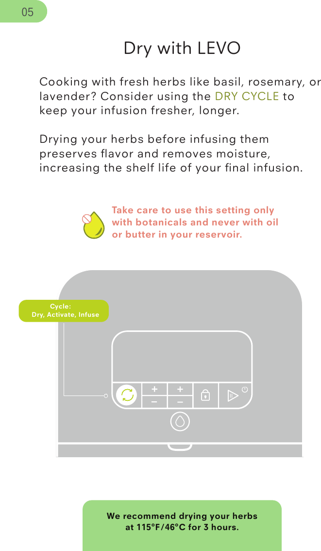 Take care to use this setting only with botanicals and never with oil or butter in your reservoir.We recommend drying your herbs at 115°F/46°C for 3 hours.Dry with LEVOCooking with fresh herbs like basil, rosemary, or lavender? Consider using the DRY CYCLE to keep your infusion fresher, longer.   Drying your herbs before infusing them preserves ﬂavor and removes moisture, increasing the shelf life of your ﬁnal infusion.Cycle:      Dry, Activate, Infuse05