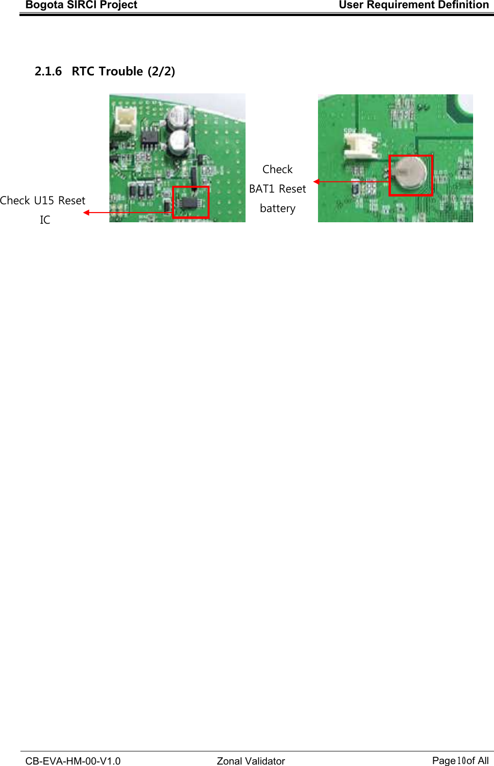 Bogota SIRCI Project  User Requirement Definition  CB-EVA-HM-00-V1.0  Zonal Validator Page１０１０１０１０ of All   2.1.6   RTC Trouble (2/2)                 Check U15 Reset   IC   Check   BAT1 Reset battery     