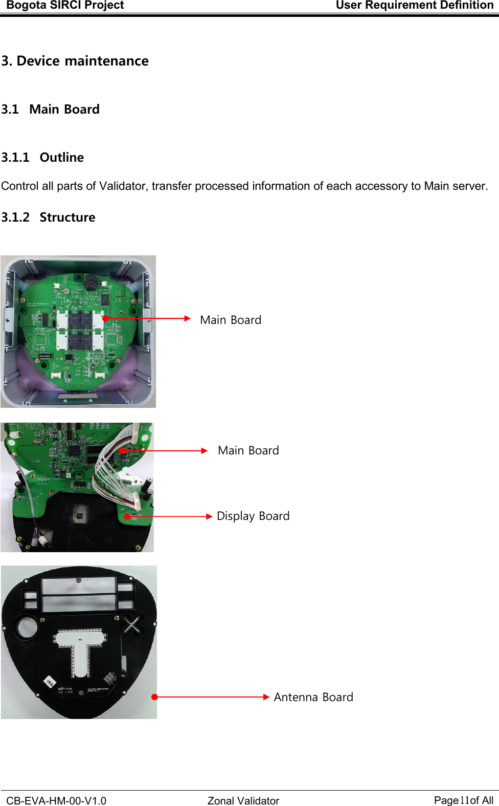 Bogota SIRCI Project  User Requirement Definition  CB-EVA-HM-00-V1.0  Zonal Validator Page１１１１１１１１ of All  3. Device maintenance 3.1   Main Board 3.1.1   Outline Control all parts of Validator, transfer processed information of each accessory to Main server. 3.1.2   Structure           Main Board      Main Board      Display Board      Antenna Board 