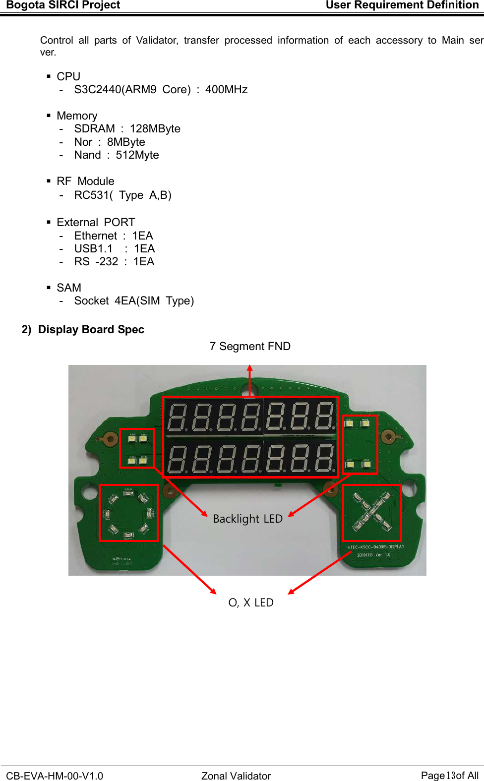 Bogota SIRCI Project  User Requirement Definition  CB-EVA-HM-00-V1.0  Zonal Validator Page１３１３１３１３ of All  Control  all  parts  of  Validator,  transfer  processed  information  of  each  accessory  to  Main  server.    CPU -  S3C2440(ARM9  Core)  :  400MHz    Memory -  SDRAM  :  128MByte -  Nor  :  8MByte -  Nand  :  512Myte    RF  Module -  RC531(  Type  A,B)    External  PORT -  Ethernet  :  1EA -  USB1.1    :  1EA -  RS  -232  :  1EA    SAM -  Socket  4EA(SIM  Type)  2)  Display Board Spec              7 Segment FND           O, X LED                     Backlight LED 