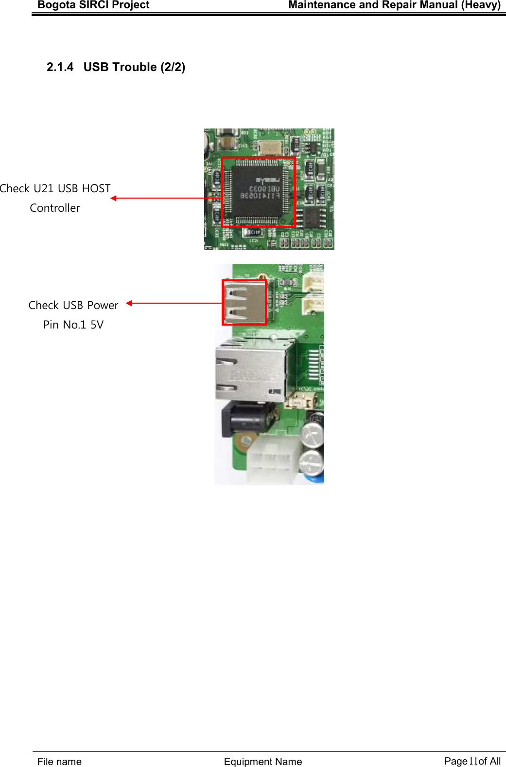 Bogota SIRCI Project  Maintenance and Repair Manual (Heavy)     １１１１１１１１ ! 2.1.4   USB Trouble (2/2) Check U21 USB HOST Controller   Check USB Power Pin No.1 5V 