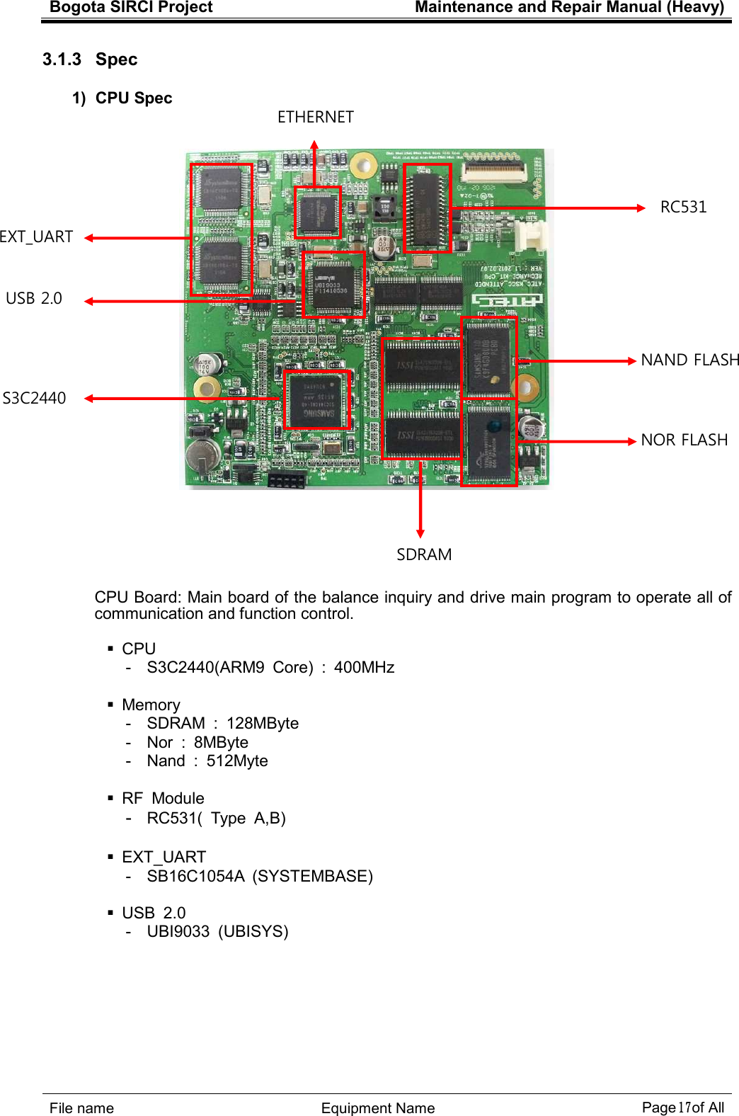 Bogota SIRCI Project  Maintenance and Repair Manual (Heavy)     １７１７１７１７ ! 3.1.3   Spec 1)  CPU Spec             ./A&quot;(   .? +),,9$!#&quot;@ &amp; A ,99&quot;%8 &quot;? 2#!&quot; A &apos;)5&quot;/?  A 5&quot;/?  A 1&apos;)&quot; # &quot;? #1+&apos;$ 0 !&lt;/&amp; =0B.!#0? /&apos;3&apos;91,! $C0&quot;/!&amp; ./ )(9? ./@9++ $./C&amp;                     EXT_UART            USB 2.0            S3C2440            RC531            NAND FLASH             NOR FLASH            SDRAM            ETHERNET 