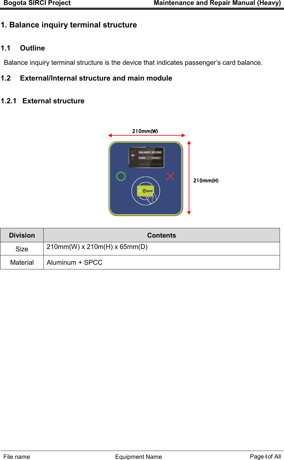 Bogota SIRCI Project  Maintenance and Repair Manual (Heavy)     ４４４４ ! 1. Balance inquiry terminal structure 1.1     Outline /7(1.2     External/Internal structure and main module 1.2.1   External structure   Division  Contents 8 )&apos;9$:&amp;*)&apos;9$%&amp;*31$2&amp;&quot;  !;       210210210210mmmmmmmm(W)(W)(W)(W)    210210210210mmmmmmmm(H(H(H(H))))    