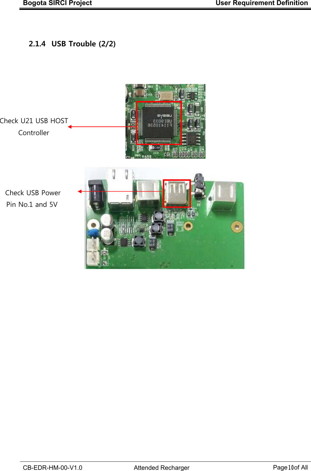 Bogota SIRCI Project  User Requirement Definition  CB-EDR-HM-00-V1.0  Attended Recharger Page１０ of All   2.1.4   USB Trouble (2/2)      Check U21 USB HOST Controller   Check USB Power Pin No.1 and 5V  