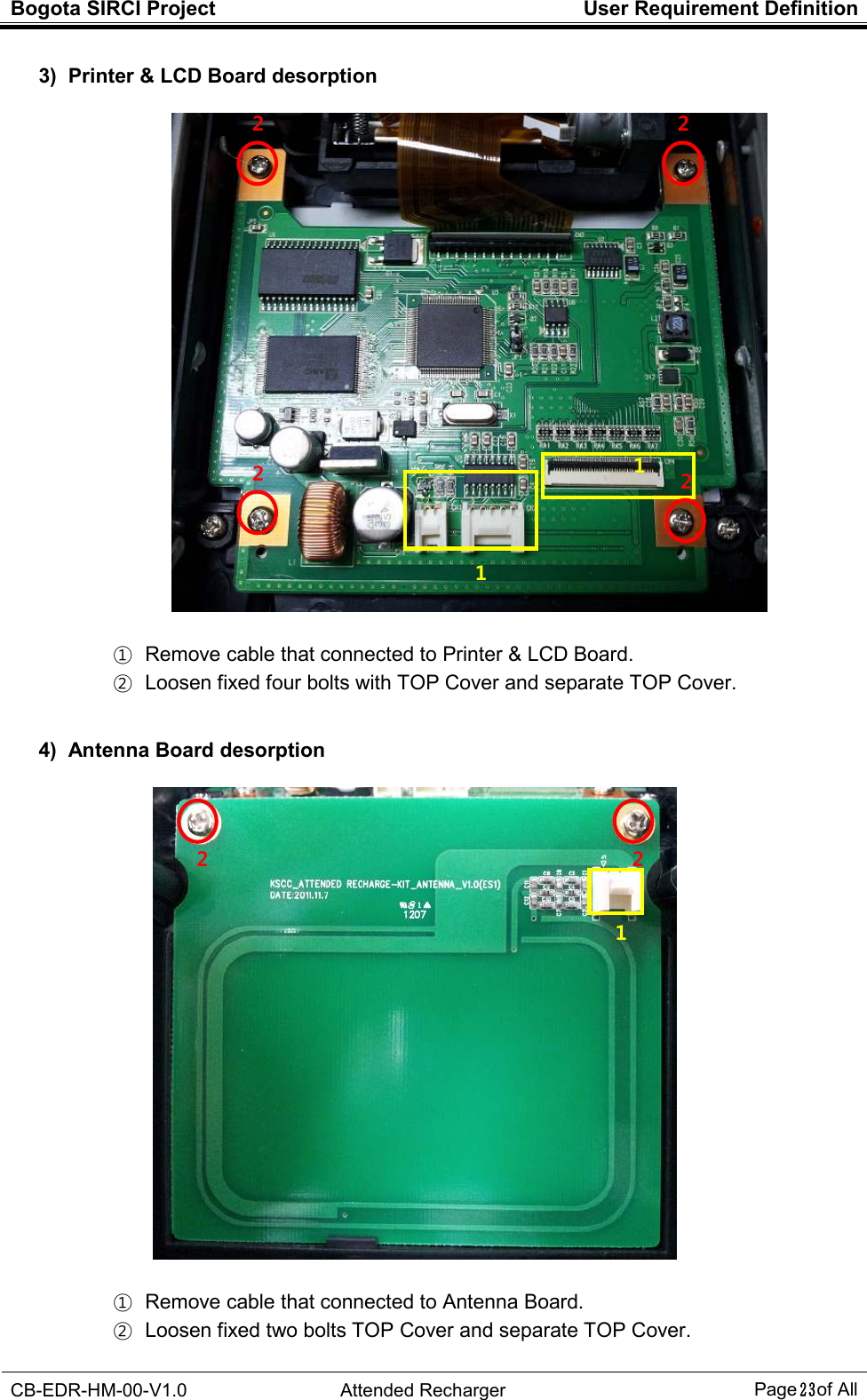 Bogota SIRCI Project  User Requirement Definition  CB-EDR-HM-00-V1.0  Attended Recharger Page２３ of All  3)  Printer &amp; LCD Board desorption    ①   Remove cable that connected to Printer &amp; LCD Board. ②   Loosen fixed four bolts with TOP Cover and separate TOP Cover.   4)  Antenna Board desorption    ①   Remove cable that connected to Antenna Board. ②   Loosen fixed two bolts TOP Cover and separate TOP Cover. 2 1 1 2 2  2 1 2  2 