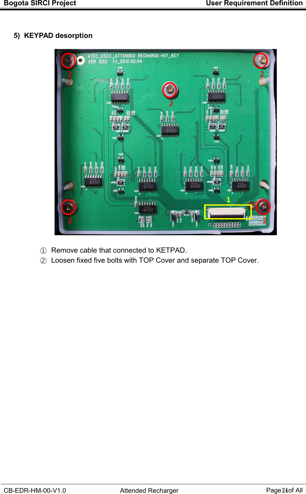Bogota SIRCI Project  User Requirement Definition  CB-EDR-HM-00-V1.0  Attended Recharger Page２４ of All   5)  KEYPAD desorption      ①   Remove cable that connected to KETPAD. ②   Loosen fixed five bolts with TOP Cover and separate TOP Cover.                         1 2 2 2 2 2 