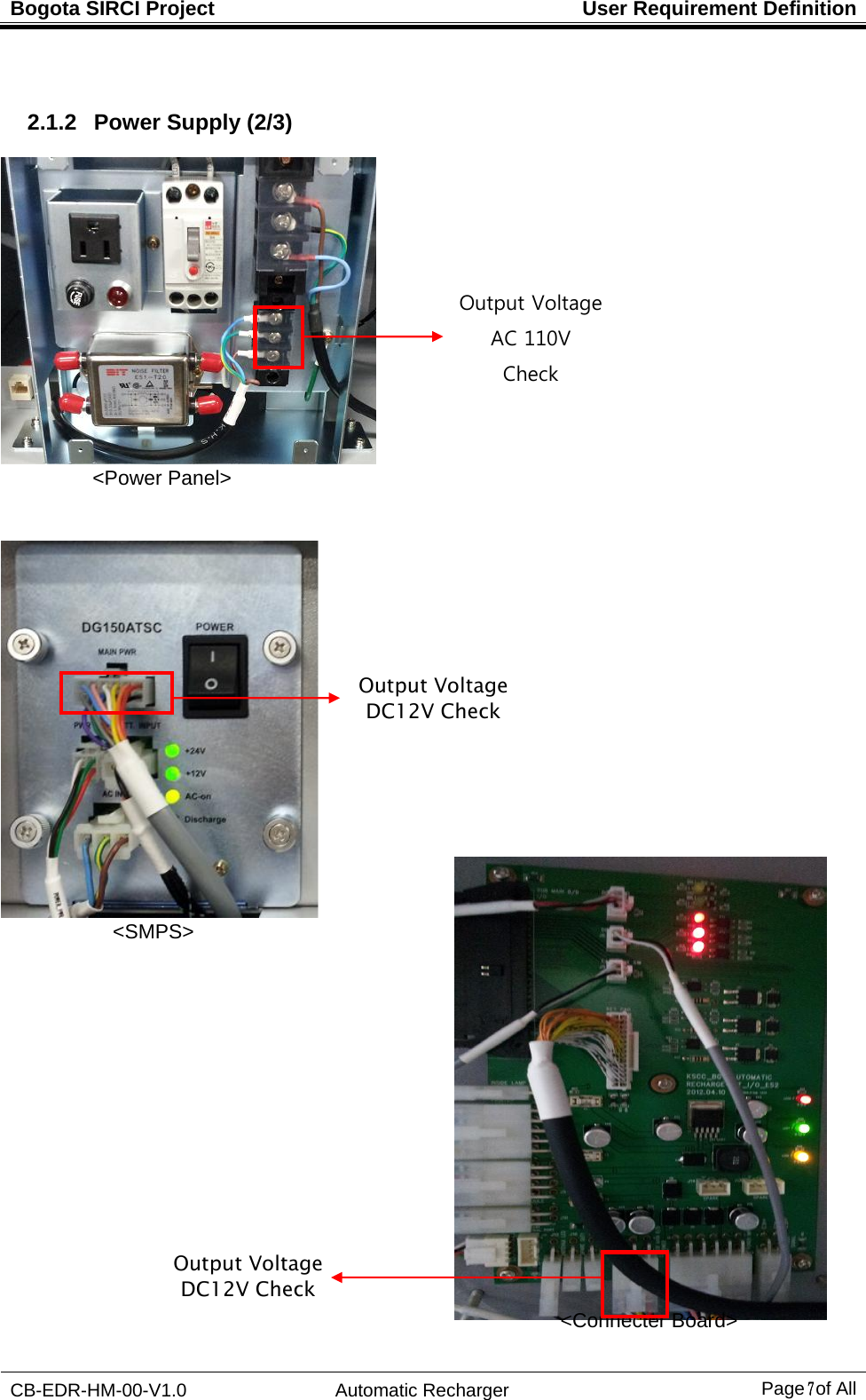 Bogota SIRCI Project  User Requirement Definition CB-EDR-HM-00-V1.0 Automatic Recharger Page７ of All  2.1.2   Power Supply (2/3)  &lt;Power Panel&gt;                        &lt;SMPS&gt;                                                                                                              &lt;Connecter Board&gt; Output Voltage   AC 110V Check Output Voltage DC12V Check Output Voltage DC12V Check 