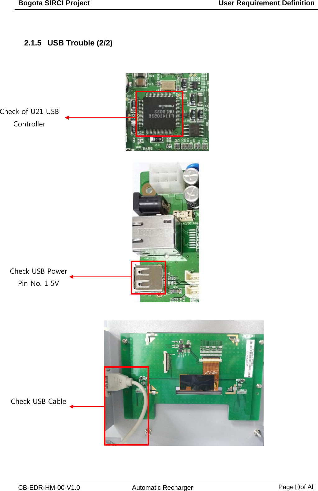 Bogota SIRCI Project  User Requirement Definition CB-EDR-HM-00-V1.0 Automatic Recharger Page１０ of All  2.1.5   USB Trouble (2/2)                Check of U21 USB   Controller   Check USB Power Pin No. 1 5V   Check USB Cable  