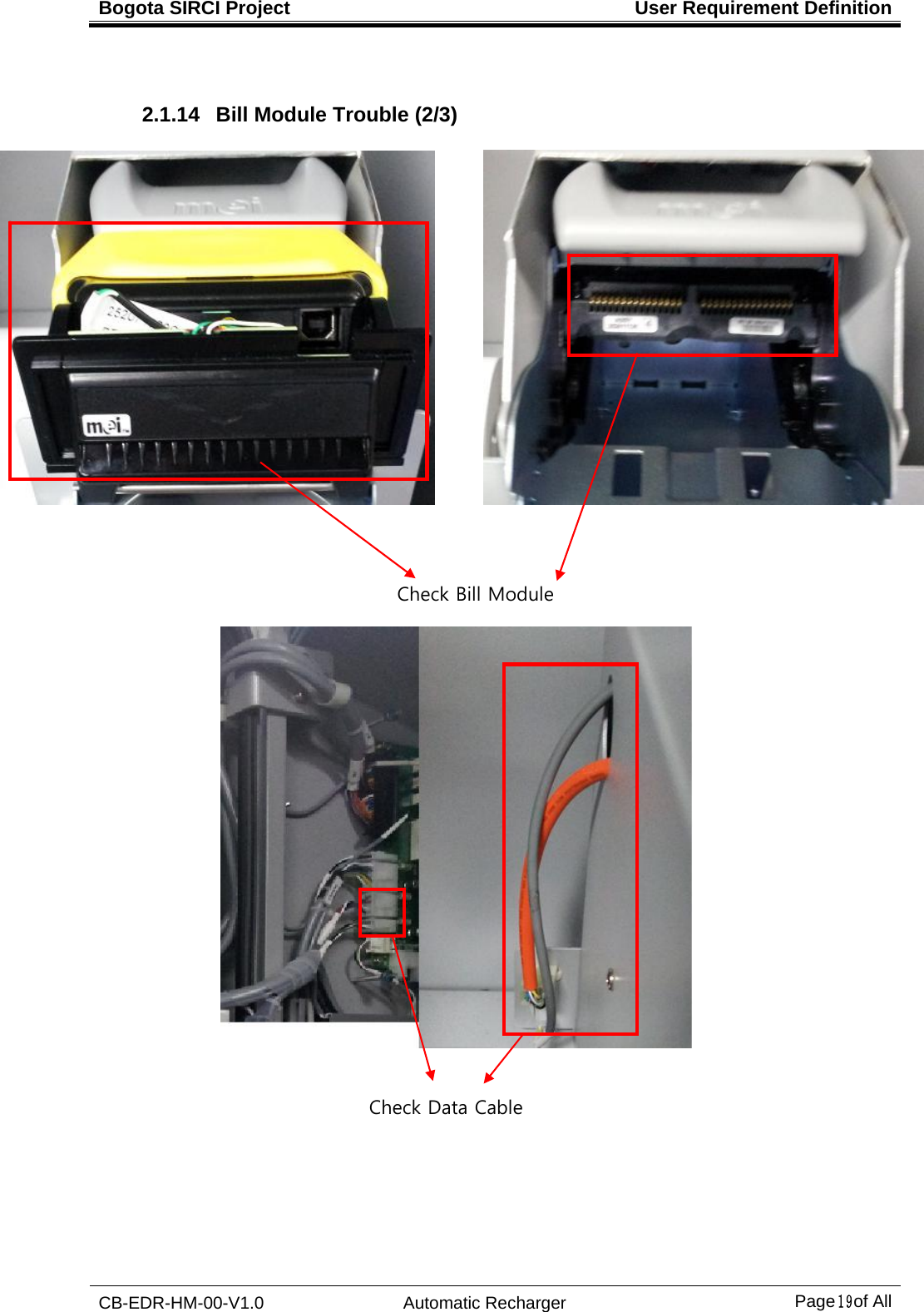 Bogota SIRCI Project  User Requirement Definition CB-EDR-HM-00-V1.0 Automatic Recharger Page１９ of All  2.1.14   Bill Module Trouble (2/3)                          Check Bill Module Check Data Cable   