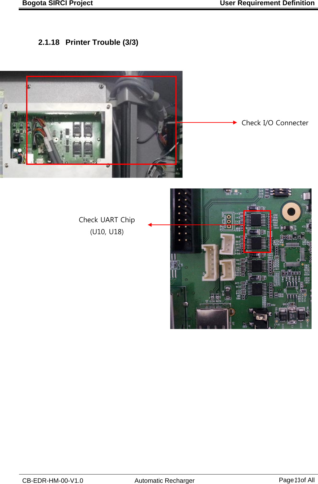 Bogota SIRCI Project  User Requirement Definition CB-EDR-HM-00-V1.0 Automatic Recharger Page２３ of All  2.1.18   Printer Trouble (3/3)                 Check UART Chip (U10, U18) Check I/O Connecter   