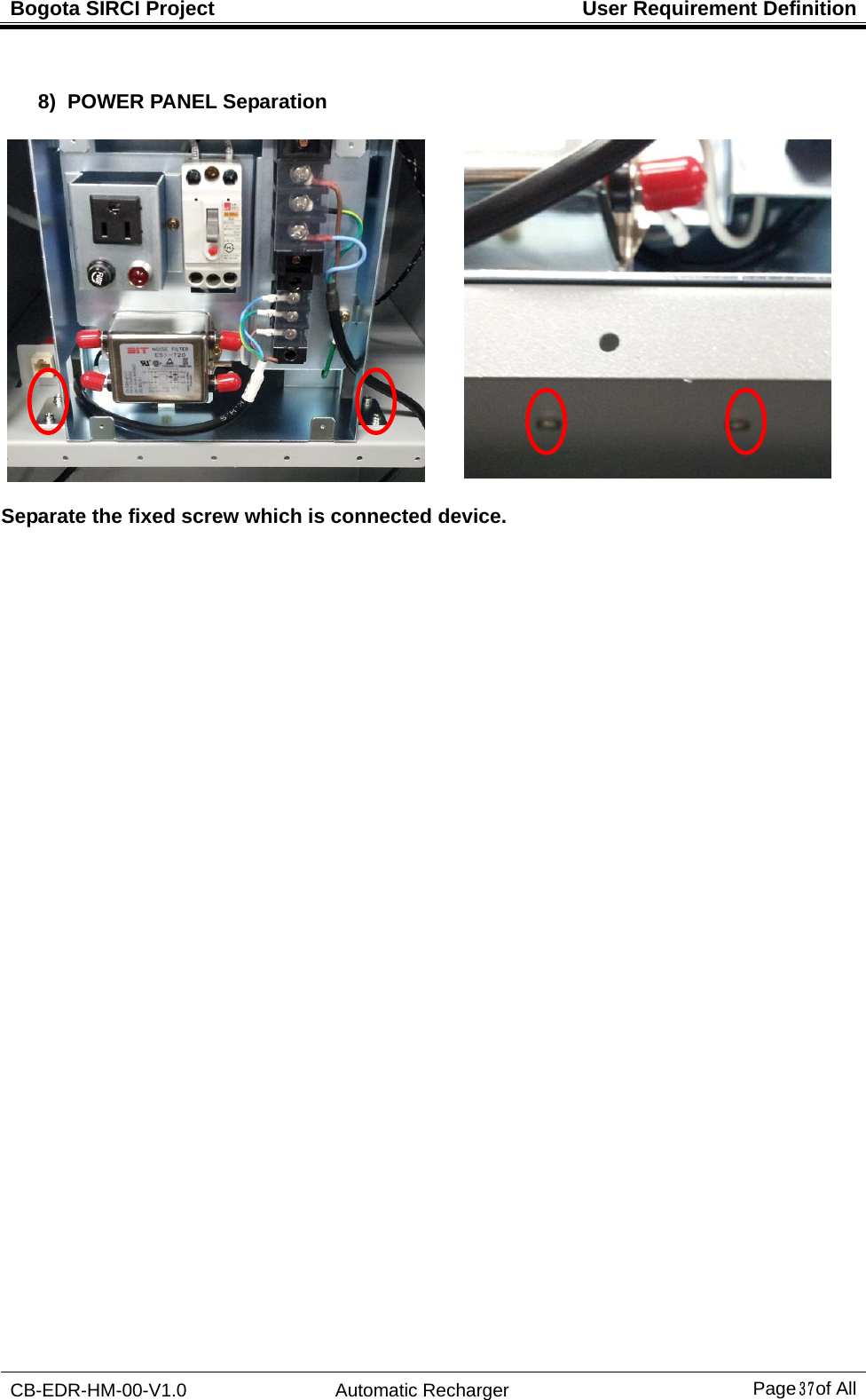 Bogota SIRCI Project  User Requirement Definition CB-EDR-HM-00-V1.0 Automatic Recharger Page３７ of All  8)  POWER PANEL Separation  Separate the fixed screw which is connected device.     