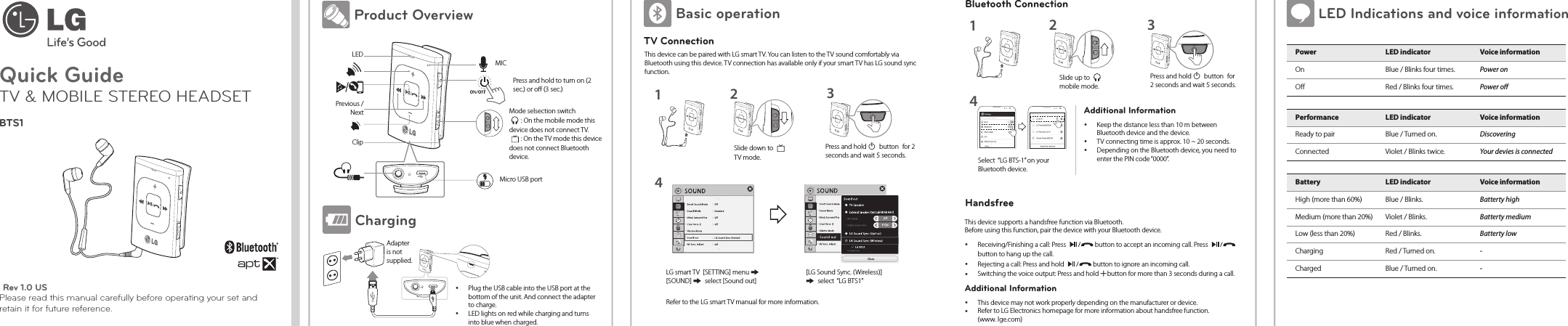  LED Indications and voice informationPower LED indicator Voice informationOn Blue / Blinks four times. Power onO Red / Blinks four times. Power oPerformance LED indicator Voice informationReady to pair Blue / Turned on. DiscoveringConnected Violet / Blinks twice. Your devies is connectedBattery LED indicator Voice informationHigh (more than 60%) Blue / Blinks. Batterty highMedium (more than 20%) Violet / Blinks. Batterty mediumLow (less than 20%) Red / Blinks. Batterty lowCharging Red / Turned on. -Charged Blue / Turned on. - Product Overview Mode selsection switch    : On the mobile mode this device does not connect TV.  : On the TV mode this device does not connect Bluetooth device.Press and hold to turn on (2 sec.) or o (3 sec.)LEDPrevious /  NextClip Charging  yPlug the USB cable into the USB port at the bottom of the unit. And connect the adapter to charge.  yLED lights on red while charging and turns into blue when charged.MICMicro USB port Basic operationTV Connection 1423Select  “LG BTS-1” on your Bluetooth device.Press and hold 1 button for 2 seconds and wait 5 seconds.Additional Information yKeep the distance less than 10 m between Bluetooth device and the device. yTV connecting time is approx. 10 ~ 20 seconds. yDepending on the Bluetooth device, you need to enter the PIN code “0000”. Handsfree  This device supports a handsfree function via Bluetooth.  Before using this function, pair the device with your Bluetooth device. yReceiving/Finishing a call: Press   button to accept an incoming call. Press   button to hang up the call. yRejecting a call: Press and hold   button to ignore an incoming call. ySwitching the voice output: Press and hold obutton for more than 3 seconds during a call.Additional Information yThis device may not work properly depending on the manufacturer or device.  yRefer to LG Electronics homepage for more information about handsfree function.  (www. lge.com)Bluetooth ConnectionThis device can be paired with LG smart TV. You can listen to the TV sound comfortably via Bluetooth using this device. TV connection has available only if your smart TV has LG sound sync function.1423Slide down to     TV mode.Slide up to     mobile mode.Press and hold 1 button for 2 seconds and wait 5 seconds.LG smart TV  [SETTING] menu / [SOUND] / select [Sound out] [LG Sound Sync. (Wireless)] / select  “LG BTS1”Refer to the LG smart TV manual for more information. Quick GuideTV &amp; MOBILE STEREO HEADSETBTS1Rev 1.0 US  Please read this manual carefully before operating your set and retain it for future reference.Adapter is not supplied.
