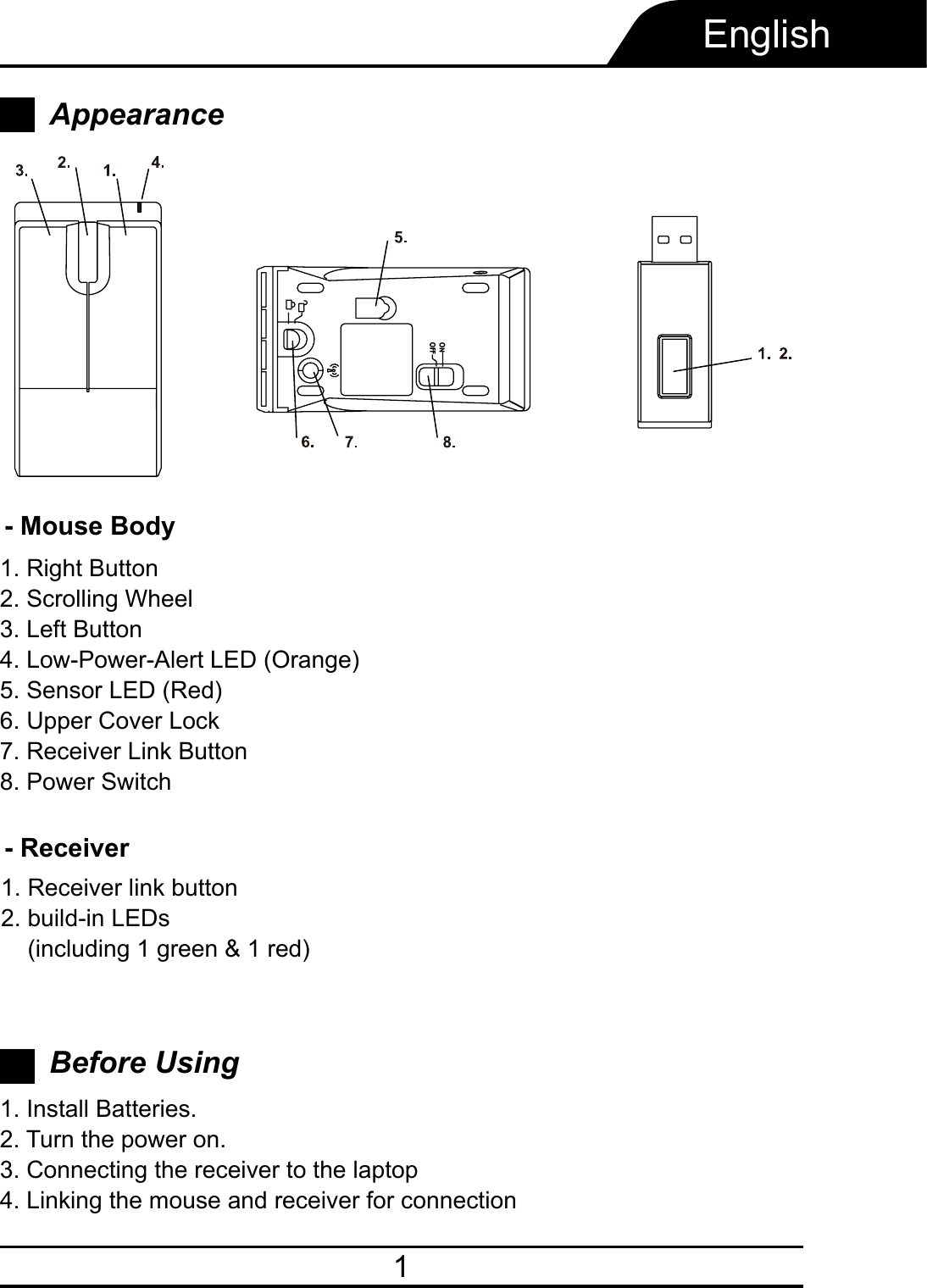 1AppearanceEnglish1. Right Button2. Scrolling Wheel3. Left Button4. Low-Power-Alert LED (Orange)5. Sensor LED (Red)6. Upper Cover Lock7. Receiver Link Button8. Power SwitchBefore Using1. Install Batteries.2. Turn the power on.3. Connecting the receiver to the laptop4. Linking the mouse and receiver for connection- Mouse Body- Receiver1. Receiver link button2. build-in LEDs    (including 1 green &amp; 1 red)