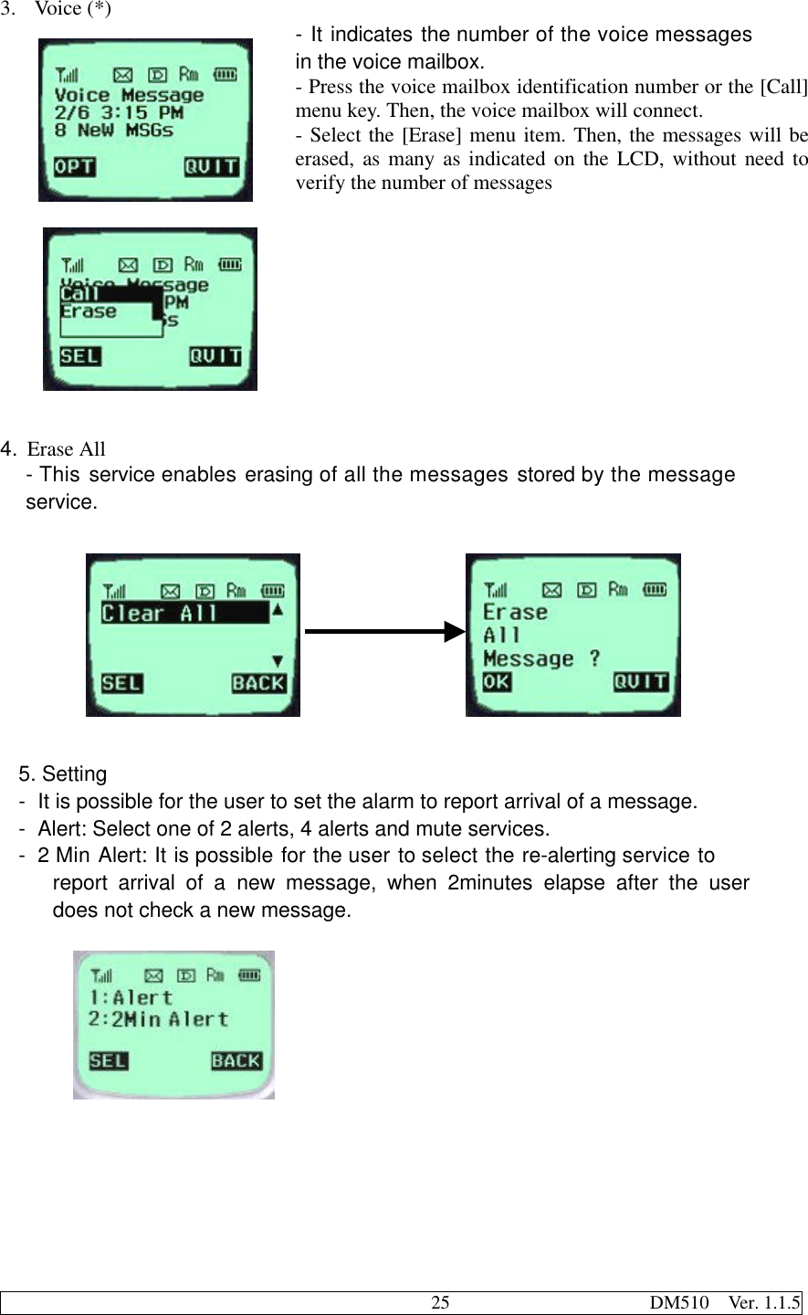                                              25                     DM510  Ver. 1.1.53. Voice (*)- It indicates the number of the voice messagesin the voice mailbox.- Press the voice mailbox identification number or the [Call]menu key. Then, the voice mailbox will connect.- Select the [Erase] menu item. Then, the messages will beerased, as many as indicated on the LCD, without need toverify the number of messages4. Erase All- This service enables erasing of all the messages stored by the messageservice.5. Setting- It is possible for the user to set the alarm to report arrival of a message.- Alert: Select one of 2 alerts, 4 alerts and mute services.- 2 Min Alert: It is possible for the user to select the re-alerting service toreport arrival of a new message, when 2minutes elapse after the userdoes not check a new message.