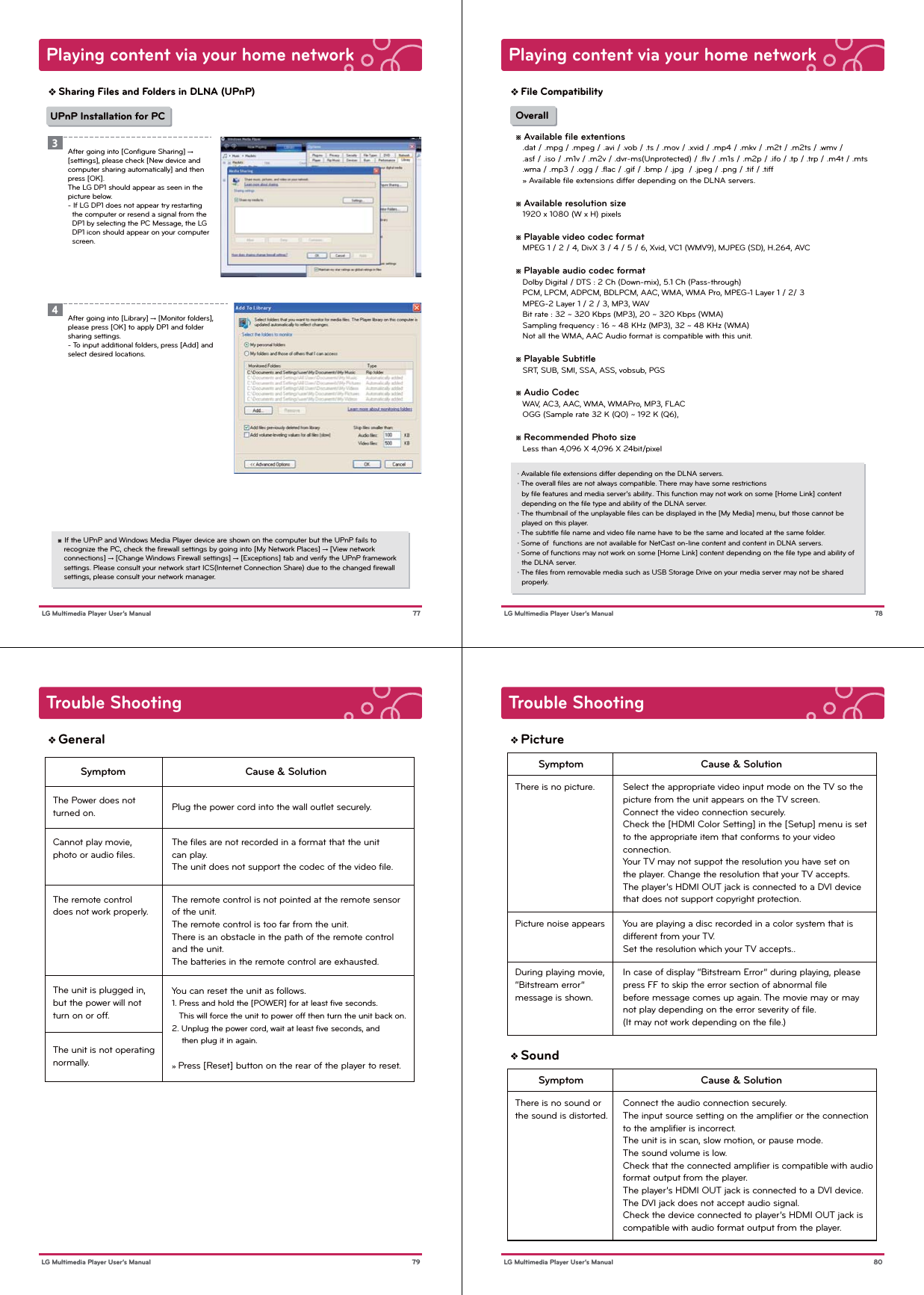 Playing content via your home network77 LG Multimedia Player User’s ManualSharing Files and Folders in DLNA (UPnP)UPnP Installation for PCAfter going into [Conﬁgure Sharing] → [settings], please check [New device and computer sharing automatically] and then press [OK].The LG DP1 should appear as seen in the picture below.- If LG DP1 does not appear try restarting   the computer or resend a signal from the   DP1 by selecting the PC Message, the LG   DP1 icon should appear on your computer   screen.3After going into [Library] → [Monitor folders], please press [OK] to apply DP1 and folder sharing settings.- To input additional folders, press [Add] and select desired locations.4※ If the UPnP and Windows Media Player device are shown on the computer but the UPnP fails to    recognize the PC, check the ﬁrewall settings by going into [My Network Places] → [View network    connections] → [Change Windows Firewall settings] → [Exceptions] tab and verify the UPnP framework    settings. Please consult your network start ICS(Internet Connection Share) due to the changed ﬁrewall    settings, please consult your network manager.Playing content via your home network78 LG Multimedia Player User’s ManualFile CompatibilityOverall・ Available ﬁle extensions differ depending on the DLNA servers.・ The overall ﬁles are not always compatible. There may have some restrictions  by ﬁle features and media server’s ability.. This function may not work on some [Home Link] content   depending on the ﬁle type and ability of the DLNA server.・ The thumbnail of the unplayable ﬁles can be displayed in the [My Media] menu, but those cannot be   played on this player.・ The subtitle ﬁle name and video ﬁle name have to be the same and located at the same folder.・ Some of  functions are not available for NetCast on-line content and content in DLNA servers.・ Some of functions may not work on some [Home Link] content depending on the ﬁle type and ability of   the DLNA server.・ The ﬁles from removable media such as USB Storage Drive on your media server may not be shared   properly.※ Available file extentions   .dat / .mpg / .mpeg / .avi / .vob / .ts / .mov / .xvid / .mp4 / .mkv / .m2t / .m2ts / .wmv /   .asf / .iso / .m1v / .m2v / .dvr-ms(Unprotected) / .flv / .m1s / .m2p / .ifo / .tp / .trp / .m4t / .mts   .wma / .mp3 / .ogg / .flac / .gif / .bmp / .jpg  / .jpeg / .png / .tif / .tiff   » Available file extensions differ depending on the DLNA servers.※ Available resolution size   1920 x 1080 (W x H) pixels※ Playable video codec format   MPEG 1 / 2 / 4, DivX 3 / 4 / 5 / 6, Xvid, VC1 (WMV9), MJPEG (SD), H.264, AVC※ Playable audio codec format   Dolby Digital / DTS : 2 Ch (Down-mix), 5.1 Ch (Pass-through)   PCM, LPCM, ADPCM, BDLPCM, AAC, WMA, WMA Pro, MPEG-1 Layer 1 / 2/ 3   MPEG-2 Layer 1 / 2 / 3, MP3, WAV   Bit rate : 32 ~ 320 Kbps (MP3), 20 ~ 320 Kbps (WMA)   Sampling frequency : 16 ~ 48 KHz (MP3), 32 ~ 48 KHz (WMA)   Not all the WMA, AAC Audio format is compatible with this unit.※ Playable Subtitle   SRT, SUB, SMI, SSA, ASS, vobsub, PGS※ Audio Codec   WAV, AC3, AAC, WMA, WMAPro, MP3, FLAC   OGG (Sample rate 32 K (Q0) ~ 192 K (Q6), ※ Recommended Photo size   Less than 4,096 X 4,096 X 24bit/pixelTrouble Shooting 79 LG Multimedia Player User’s ManualGeneralYou can reset the unit as follows.1. Press and hold the [POWER] for at least ﬁve seconds.    This will force the unit to power off then turn the unit back on.2. Unplug the power cord, wait at least ﬁve seconds, and     then plug it in again.» Press [Reset] button on the rear of the player to reset.SymptomThe Power does not turned on.Cannot play movie, photo or audio ﬁles.The remote control does not work properly.The unit is plugged in, but the power will not turn on or off.The unit is not operatingnormally.Cause &amp; SolutionPlug the power cord into the wall outlet securely.The ﬁles are not recorded in a format that the unit can play.The unit does not support the codec of the video ﬁle.The remote control is not pointed at the remote sensor of the unit.The remote control is too far from the unit.There is an obstacle in the path of the remote control and the unit.The batteries in the remote control are exhausted.Trouble Shooting 80 LG Multimedia Player User’s ManualPictureSymptomThere is no picture.Picture noise appearsDuring playing movie, “Bitstream error” message is shown.Cause &amp; SolutionSelect the appropriate video input mode on the TV so the picture from the unit appears on the TV screen.Connect the video connection securely.Check the [HDMI Color Setting] in the [Setup] menu is set to the appropriate item that conforms to your video connection.Your TV may not suppot the resolution you have set on the player. Change the resolution that your TV accepts.The player’s HDMI OUT jack is connected to a DVI device that does not support copyright protection.SoundSymptomThere is no sound or the sound is distorted.Cause &amp; SolutionConnect the audio connection securely.The input source setting on the ampliﬁer or the connectionto the ampliﬁer is incorrect.The unit is in scan, slow motion, or pause mode.The sound volume is low.Check that the connected ampliﬁer is compatible with audio format output from the player.The player’s HDMI OUT jack is connected to a DVI device. The DVI jack does not accept audio signal.Check the device connected to player’s HDMI OUT jack is compatible with audio format output from the player.You are playing a disc recorded in a color system that is different from your TV.Set the resolution which your TV accepts..In case of display “Bitstream Error” during playing, please press FF to skip the error section of abnormal ﬁle before message comes up again. The movie may or may not play depending on the error severity of ﬁle. (It may not work depending on the ﬁle.)