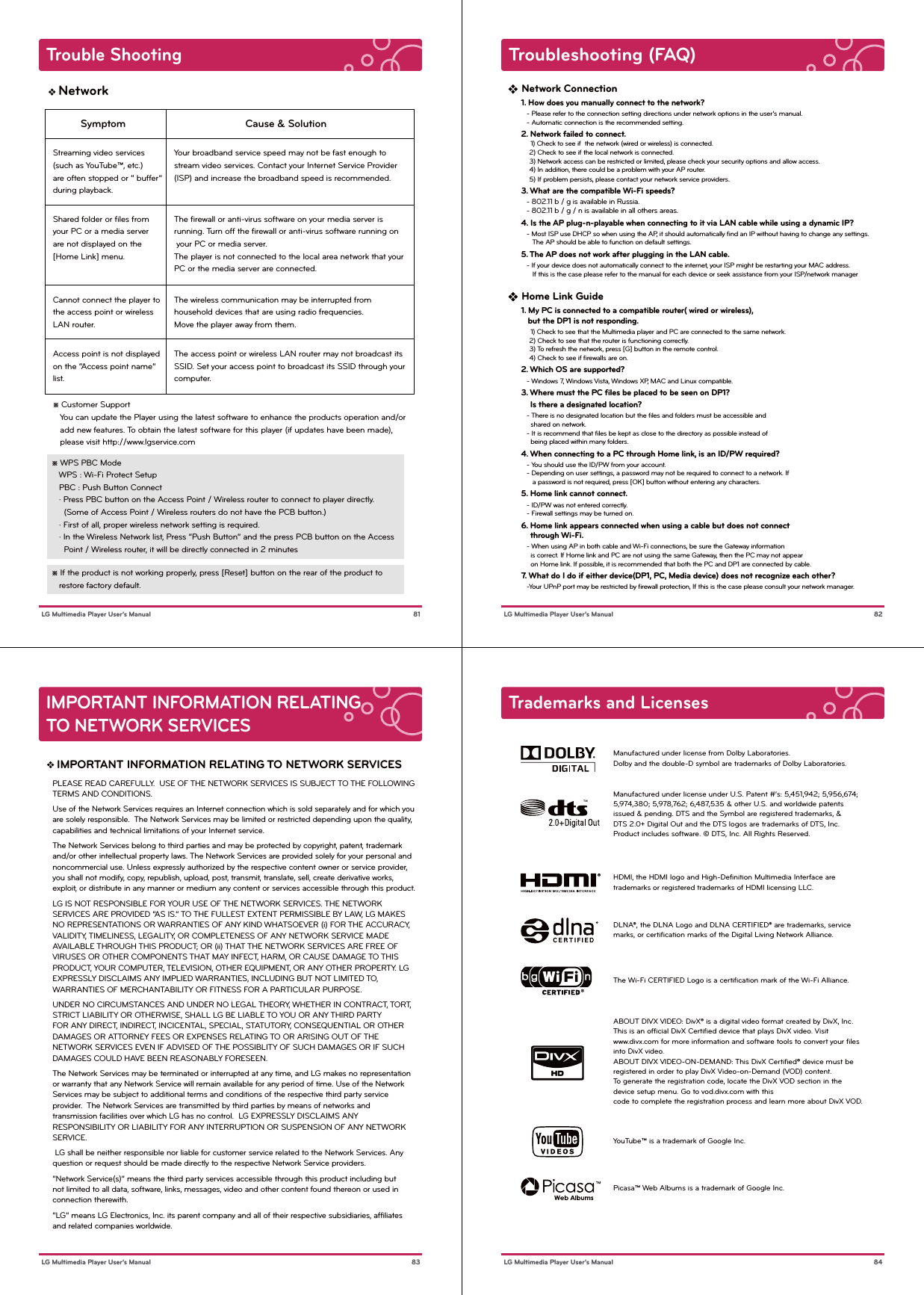 Trouble Shooting 81 LG Multimedia Player User’s ManualNetworkThe access point or wireless LAN router may not broadcast its SSID. Set your access point to broadcast its SSID through your computer.SymptomStreaming video services (such as YouTube™, etc.) are often stopped or “ buffer” during playback.Shared folder or ﬁles from your PC or a media server are not displayed on the [Home Link] menu.Cannot connect the player to the access point or wireless LAN router.Access point is not displayed on the “Access point name” list.Cause &amp; SolutionYour broadband service speed may not be fast enough to stream video services. Contact your Internet Service Provider (ISP) and increase the broadband speed is recommended.The ﬁrewall or anti-virus software on your media server is running. Turn off the ﬁrewall or anti-virus software running on your PC or media server.The player is not connected to the local area network that your PC or the media server are connected.The wireless communication may be interrupted from household devices that are using radio frequencies. Move the player away from them.※ Customer Support   You can update the Player using the latest software to enhance the products operation and/or    add new features. To obtain the latest software for this player (if updates have been made),    please visit http://www.lgservice.com※ WPS PBC Mode   WPS : Wi-Fi Protect Setup   PBC : Push Button Connect   · Press PBC button on the Access Point / Wireless router to connect to player directly.     (Some of Access Point / Wireless routers do not have the PCB button.)    · First of all, proper wireless network setting is required.   · In the Wireless Network list, Press “Push Button” and the press PCB button on the Access      Point / Wireless router, it will be directly connected in 2 minutes※ If the product is not working properly, press [Reset] button on the rear of the product to    restore factory default.Troubleshooting (FAQ)82 LG Multimedia Player User’s ManualNetwork Connection1. How does you manually connect to the network?   - Please refer to the connection setting directions under network options in the user’s manual.   - Automatic connection is the recommended setting.2. Network failed to connect.     1) Check to see if  the network (wired or wireless) is connected.     2) Check to see if the local network is connected.     3) Network access can be restricted or limited, please check your security options and allow access.     4) In addition, there could be a problem with your AP router.     5) If problem persists, please contact your network service providers.3. What are the compatible Wi-Fi speeds?    - 802.11 b / g is available in Russia.   - 802.11 b / g / n is available in all others areas.4. Is the AP plug-n-playable when connecting to it via LAN cable while using a dynamic IP?   - Most ISP use DHCP so when using the AP, it should automatically ﬁnd an IP without having to change any settings.       The AP should be able to function on default settings.5. The AP does not work after plugging in the LAN cable.   - If your device does not automatically connect to the internet, your ISP might be restarting your MAC address.       If this is the case please refer to the manual for each device or seek assistance from your ISP/network managerHome Link Guide1. My PC is connected to a compatible router( wired or wireless),    but the DP1 is not responding.     1) Check to see that the Multimedia player and PC are connected to the same network.     2) Check to see that the router is functioning correctly.     3) To refresh the network, press [G] button in the remote control.     4) Check to see if ﬁrewalls are on.2. Which OS are supported?   - Windows 7, Windows Vista, Windows XP, MAC and Linux compatible.3. Where must the PC ﬁles be placed to be seen on DP1?    Is there a designated location?   - There is no designated location but the ﬁles and folders must be accessible and      shared on network.   - It is recommend that ﬁles be kept as close to the directory as possible instead of      being placed within many folders.4. When connecting to a PC through Home link, is an ID/PW required?   - You should use the ID/PW from your account.   - Depending on user settings, a password may not be required to connect to a network. If       a password is not required, press [OK] button without entering any characters. 5. Home link cannot connect.   - ID/PW was not entered correctly.   - Firewall settings may be turned on.6. Home link appears connected when using a cable but does not connect     through Wi-Fi.   - When using AP in both cable and Wi-Fi connections, be sure the Gateway information      is correct. If Home link and PC are not using the same Gateway, then the PC may not appear      on Home link. If possible, it is recommended that both the PC and DP1 are connected by cable.7. What do I do if either device(DP1, PC, Media device) does not recognize each other?   -Your UPnP port may be restricted by ﬁrewall protection, If this is the case please consult your network manager.IMPORTANT INFORMATION RELATING TO NETWORK SERVICES 83 LG Multimedia Player User’s ManualIMPORTANT INFORMATION RELATING TO NETWORK SERVICESPLEASE READ CAREFULLY.  USE OF THE NETWORK SERVICES IS SUBJECT TO THE FOLLOWING TERMS AND CONDITIONS.Use of the Network Services requires an Internet connection which is sold separately and for which you are solely responsible.  The Network Services may be limited or restricted depending upon the quality, capabilities and technical limitations of your Internet service.The Network Services belong to third parties and may be protected by copyright, patent, trademark and/or other intellectual property laws. The Network Services are provided solely for your personal and noncommercial use. Unless expressly authorized by the respective content owner or service provider, you shall not modify, copy, republish, upload, post, transmit, translate, sell, create derivative works, exploit, or distribute in any manner or medium any content or services accessible through this product.LG IS NOT RESPONSIBLE FOR YOUR USE OF THE NETWORK SERVICES. THE NETWORK SERVICES ARE PROVIDED “AS IS.” TO THE FULLEST EXTENT PERMISSIBLE BY LAW, LG MAKES NO REPRESENTATIONS OR WARRANTIES OF ANY KIND WHATSOEVER (i) FOR THE ACCURACY, VALIDITY, TIMELINESS, LEGALITY, OR COMPLETENESS OF ANY NETWORK SERVICE MADE AVAILABLE THROUGH THIS PRODUCT; OR (ii) THAT THE NETWORK SERVICES ARE FREE OF VIRUSES OR OTHER COMPONENTS THAT MAY INFECT, HARM, OR CAUSE DAMAGE TO THIS PRODUCT, YOUR COMPUTER, TELEVISION, OTHER EQUIPMENT, OR ANY OTHER PROPERTY. LG EXPRESSLY DISCLAIMS ANY IMPLIED WARRANTIES, INCLUDING BUT NOT LIMITED TO, WARRANTIES OF MERCHANTABILITY OR FITNESS FOR A PARTICULAR PURPOSE. UNDER NO CIRCUMSTANCES AND UNDER NO LEGAL THEORY, WHETHER IN CONTRACT, TORT, STRICT LIABILITY OR OTHERWISE, SHALL LG BE LIABLE TO YOU OR ANY THIRD PARTY FOR ANY DIRECT, INDIRECT, INCICENTAL, SPECIAL, STATUTORY, CONSEQUENTIAL OR OTHER DAMAGES OR ATTORNEY FEES OR EXPENSES RELATING TO OR ARISING OUT OF THE NETWORK SERVICES EVEN IF ADVISED OF THE POSSIBLITY OF SUCH DAMAGES OR IF SUCH DAMAGES COULD HAVE BEEN REASONABLY FORESEEN.The Network Services may be terminated or interrupted at any time, and LG makes no representation or warranty that any Network Service will remain available for any period of time. Use of the Network Services may be subject to additional terms and conditions of the respective third party service provider.  The Network Services are transmitted by third parties by means of networks and transmission facilities over which LG has no control.  LG EXPRESSLY DISCLAIMS ANY RESPONSIBILITY OR LIABILITY FOR ANY INTERRUPTION OR SUSPENSION OF ANY NETWORK SERVICE. LG shall be neither responsible nor liable for customer service related to the Network Services. Any question or request should be made directly to the respective Network Service providers.“Network Service(s)” means the third party services accessible through this product including but not limited to all data, software, links, messages, video and other content found thereon or used in connection therewith.“LG” means LG Electronics, Inc. its parent company and all of their respective subsidiaries, affiliates and related companies worldwide.Trademarks and Licenses 84 LG Multimedia Player User’s ManualManufactured under license from Dolby Laboratories.Dolby and the double-D symbol are trademarks of Dolby Laboratories.Manufactured under license under U.S. Patent #’s: 5,451,942; 5,956,674; 5,974,380; 5,978,762; 6,487,535 &amp; other U.S. and worldwide patents issued &amp; pending. DTS and the Symbol are registered trademarks, &amp; DTS 2.0+ Digital Out and the DTS logos are trademarks of DTS, Inc. Product includes software. © DTS, Inc. All Rights Reserved.HDMI, the HDMI logo and High-Definition Multimedia Interface are trademarks or registered trademarks of HDMI licensing LLC.DLNA®, the DLNA Logo and DLNA CERTIFIED® are trademarks, service marks, or certification marks of the Digital Living Network Alliance.The Wi-Fi CERTIFIED Logo is a certification mark of the Wi-Fi Alliance.ABOUT DIVX VIDEO: DivX® is a digital video format created by DivX, Inc.This is an official DivX Certified device that plays DivX video. Visit www.divx.com for more information and software tools to convert your files into DivX video.ABOUT DIVX VIDEO-ON-DEMAND: This DivX Certified® device must be registered in order to play DivX Video-on-Demand (VOD) content. To generate the registration code, locate the DivX VOD section in the device setup menu. Go to vod.divx.com with this code to complete the registration process and learn more about DivX VOD. YouTube™ is a trademark of Google Inc.Picasa™ Web Albums is a trademark of Google Inc.