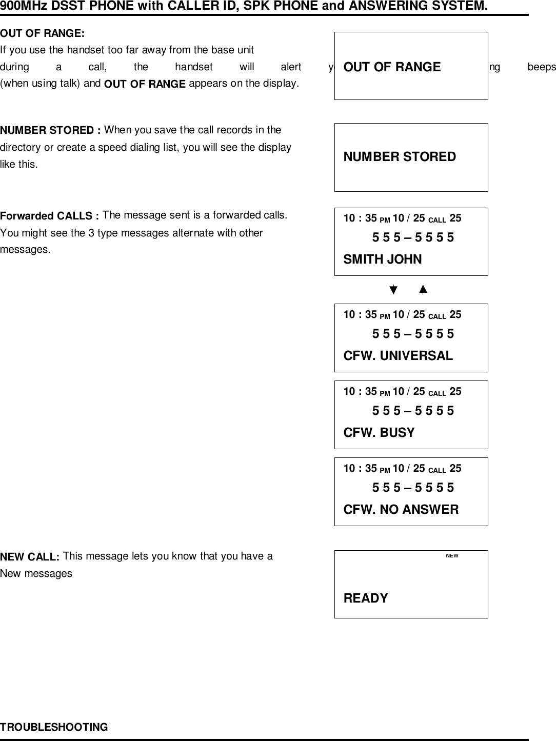 900MHz DSST PHONE with CALLER ID, SPK PHONE and ANSWERING SYSTEM.OUT OF RANGE:If you use the handset too far away from the base unitduring a call, the handset will alert you by audio warning beeps(when using talk) and OUT OF RANGE appears on the display.NUMBER STORED : When you save the call records in thedirectory or create a speed dialing list, you will see the displaylike this.Forwarded CALLS : The message sent is a forwarded calls.You might see the 3 type messages alternate with othermessages.NEW CALL: This message lets you know that you have aNew messagesTROUBLESHOOTINGOUT OF RANGENUMBER STORED10 : 35 PM 10 / 25 CALL 25        5 5 5 – 5 5 5 5SMITH JOHN10 : 35 PM 10 / 25 CALL 25        5 5 5 – 5 5 5 5CFW. UNIVERSAL10 : 35 PM 10 / 25 CALL 25        5 5 5 – 5 5 5 5CFW. BUSY10 : 35 PM 10 / 25 CALL 25        5 5 5 – 5 5 5 5CFW. NO ANSWERNEWREADY