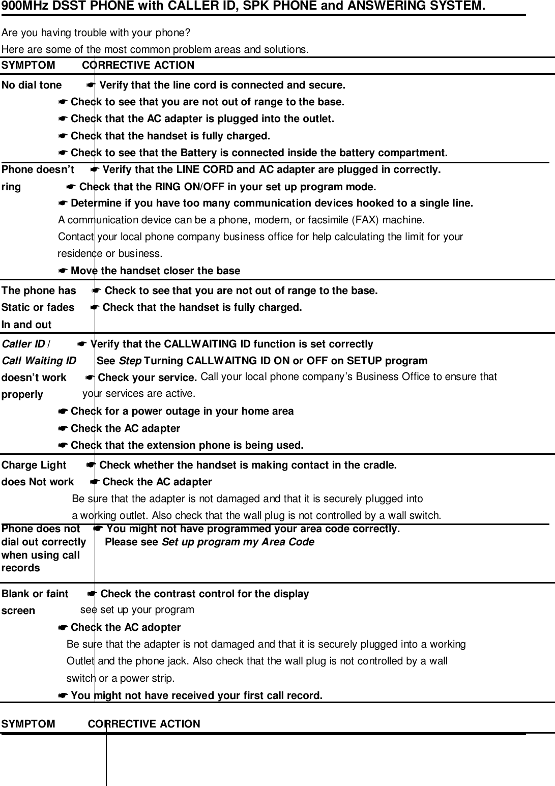 900MHz DSST PHONE with CALLER ID, SPK PHONE and ANSWERING SYSTEM.Are you having trouble with your phone?Here are some of the most common problem areas and solutions.SYMPTOM         CORRECTIVE ACTIONNo dial tone        ☛ Verify that the line cord is connected and secure.                   ☛ Check to see that you are not out of range to the base.                   ☛ Check that the AC adapter is plugged into the outlet.                   ☛ Check that the handset is fully charged.                   ☛ Check to see that the Battery is connected inside the battery compartment.Phone doesn’t     ☛ Verify that the LINE CORD and AC adapter are plugged in correctly.ring               ☛ Check that the RING ON/OFF in your set up program mode.                   ☛ Determine if you have too many communication devices hooked to a single line.                   A communication device can be a phone, modem, or facsimile (FAX) machine.                   Contact your local phone company business office for help calculating the limit for your                   residence or business.                   ☛ Move the handset closer the baseThe phone has     ☛ Check to see that you are not out of range to the base.Static or fades     ☛ Check that the handset is fully charged.In and outCaller ID /         ☛ Verify that the CALLWAITING ID function is set correctlyCall Waiting ID       See Step Turning CALLWAITNG ID ON or OFF on SETUP programdoesn’t work      ☛ Check your service. Call your local phone company’s Business Office to ensure thatproperly             your services are active.                   ☛☛☛☛ Check for a power outage in your home area                   ☛☛☛☛ Check the AC adapter                   ☛☛☛☛ Check that the extension phone is being used.Charge Light       ☛☛☛☛ Check whether the handset is making contact in the cradle.does Not work     ☛☛☛☛ Check the AC adapter                    Be sure that the adapter is not damaged and that it is securely plugged into                    a working outlet. Also check that the wall plug is not controlled by a wall switch.Phone does not    ☛☛☛☛ You might not have programmed your area code correctly.dial out correctly      Please see Set up program my Area Codewhen using callrecordsBlank or faint      ☛☛☛☛ Check the contrast control for the displayscreen               see set up your program                   ☛☛☛☛ Check the AC adopter                      Be sure that the adapter is not damaged and that it is securely plugged into a working                      Outlet and the phone jack. Also check that the wall plug is not controlled by a wall                      switch or a power strip.                   ☛☛☛☛ You might not have received your first call record.SYMPTOM           CORRECTIVE ACTION
