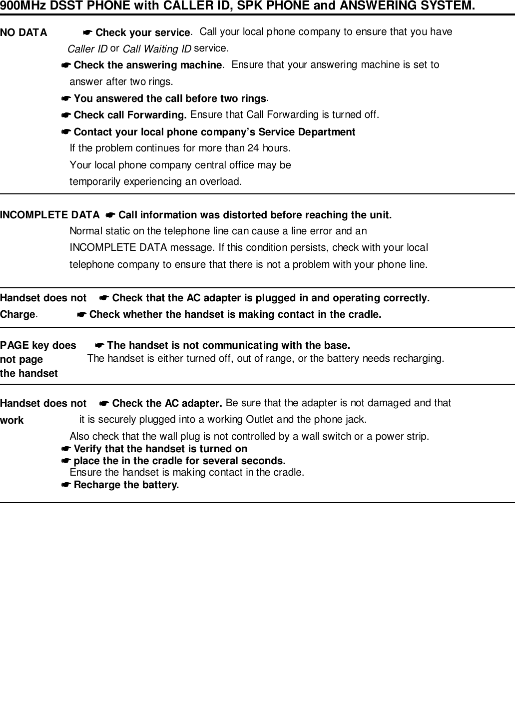 900MHz DSST PHONE with CALLER ID, SPK PHONE and ANSWERING SYSTEM.NO DATA            ☛☛☛☛ Check your service.  Call your local phone company to ensure that you have                       Caller ID or Call Waiting ID service.                     ☛☛☛☛ Check the answering machine.  Ensure that your answering machine is set to                        answer after two rings.                     ☛☛☛☛ You answered the call before two rings.                     ☛☛☛☛ Check call Forwarding. Ensure that Call Forwarding is turned off.                     ☛☛☛☛ Contact your local phone company’s Service Department                        If the problem continues for more than 24 hours.                        Your local phone company central office may be                        temporarily experiencing an overload.INCOMPLETE DATA  ☛☛☛☛ Call information was distorted before reaching the unit.                        Normal static on the telephone line can cause a line error and an                        INCOMPLETE DATA message. If this condition persists, check with your local                        telephone company to ensure that there is not a problem with your phone line.Handset does not    ☛☛☛☛ Check that the AC adapter is plugged in and operating correctly.Charge.             ☛☛☛☛ Check whether the handset is making contact in the cradle.PAGE key does      ☛☛☛☛ The handset is not communicating with the base.not page               The handset is either turned off, out of range, or the battery needs recharging.the handsetHandset does not    ☛☛☛☛ Check the AC adapter. Be sure that the adapter is not damaged and thatwork                   it is securely plugged into a working Outlet and the phone jack.                        Also check that the wall plug is not controlled by a wall switch or a power strip.                     ☛☛☛☛ Verify that the handset is turned on                     ☛☛☛☛ place the in the cradle for several seconds.                        Ensure the handset is making contact in the cradle.                     ☛☛☛☛ Recharge the battery.