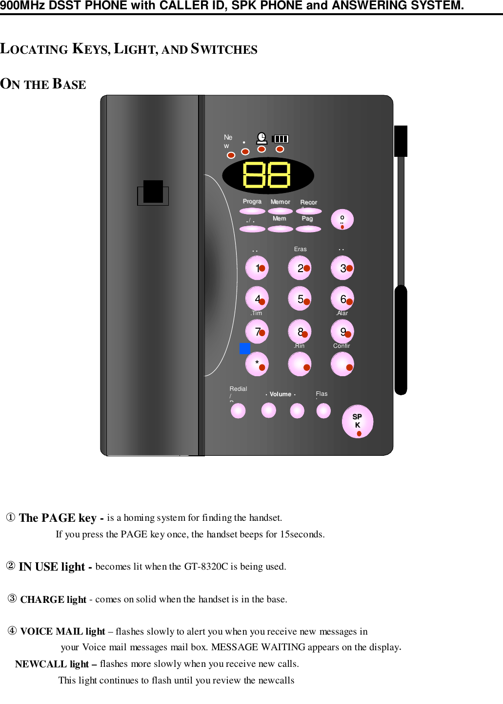 900MHz DSST PHONE with CALLER ID, SPK PHONE and ANSWERING SYSTEM.LOCATING KEYS, LIGHT, AND SWITCHESON THE BASE  ① The PAGE key - is a homing system for finding the handset.                      If you press the PAGE key once, the handset beeps for 15seconds.  ② IN USE light - becomes lit when the GT-8320C is being used.   ③ CHARGE light - comes on solid when the handset is in the base.   ④ VOICE MAIL light – flashes slowly to alert you when you receive new messages in                        your Voice mail messages mail box. MESSAGE WAITING appears on the display.      NEWCALL light – flashes more slowly when you receive new calls.                       This light continues to flash until you review the newcallsOOuuSSPPKK123456789*PPrrooggrraaRReeccoorrddMMeemmoorr•/ •PPaaggMMeemmNew•• Volume •FlashRedial/P.Tim.Alar.RinConfir••••Eras