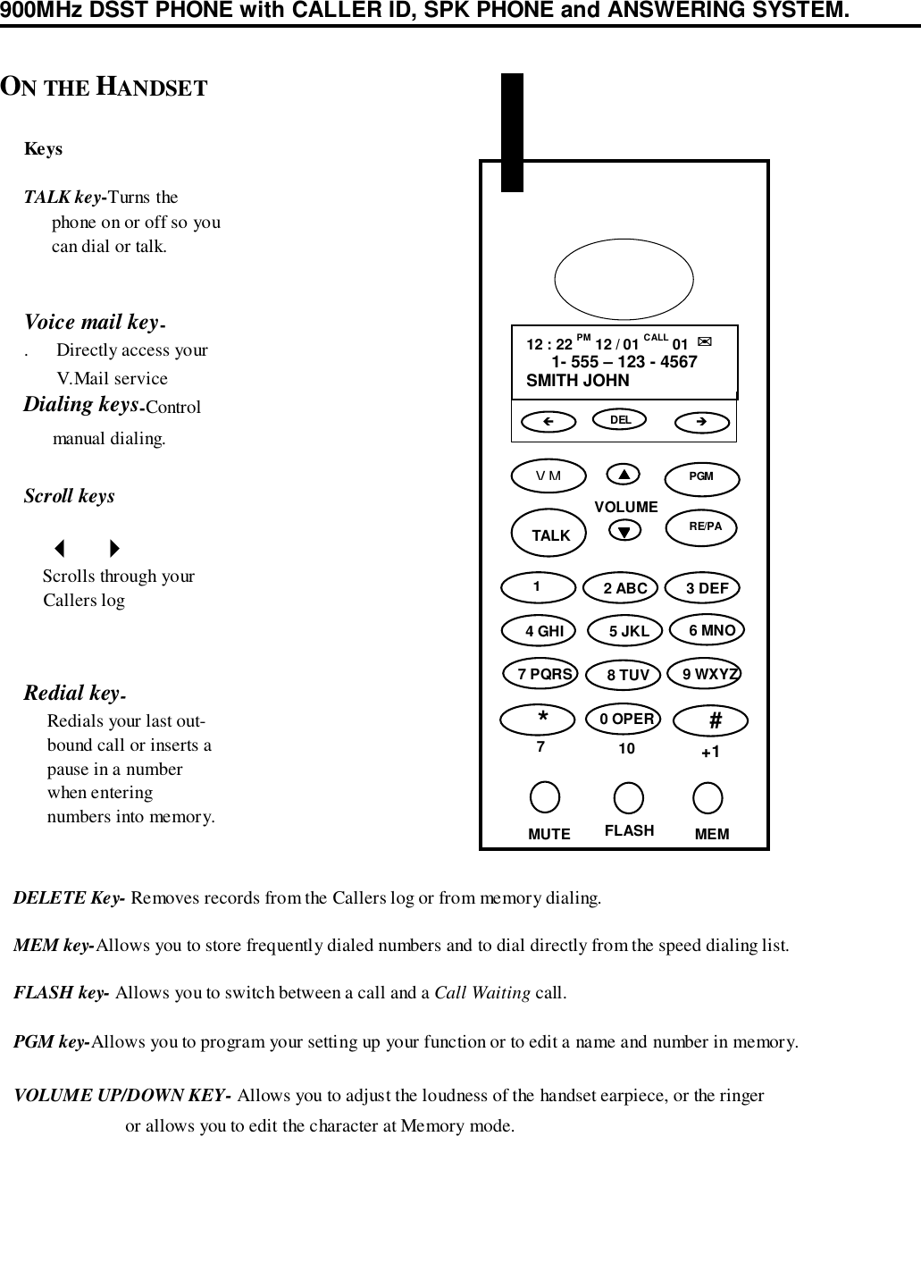 900MHz DSST PHONE with CALLER ID, SPK PHONE and ANSWERING SYSTEM.KeysTALK key-Turns the      phone on or off so you      can dial or talk.Voice mail key-.      Directly access your       V.Mail serviceDialing keys-Control      manual dialing.Scroll keys     &quot;   #    Scrolls through your    Callers logRedial key-     Redials your last out-     bound call or inserts a     pause in a number     when entering     numbers into memory.ON THE HANDSET   DELETE Key- Removes records from the Callers log or from memory dialing.   MEM key-Allows you to store frequently dialed numbers and to dial directly from the speed dialing list.   FLASH key- Allows you to switch between a call and a Call Waiting call.   PGM key-Allows you to program your setting up your function or to edit a name and number in memory.   VOLUME UP/DOWN KEY- Allows you to adjust the loudness of the handset earpiece, or the ringer                           or allows you to edit the character at Memory mode.VOLUME▲▲▲▲12 : 22 PM 12 / 01 CALL 01  ✉✉✉✉1- 555 – 123 - 4567SMITH JOHNDELVM▼▼▼▼TALK2 ABC 3 DEF4 GHI 5 JKL 6 MNO7 PQRS 8 TUV 9 WXYZ*70 OPER10#+1MUTE FLASH MEM!&quot;PGM1RE/PA