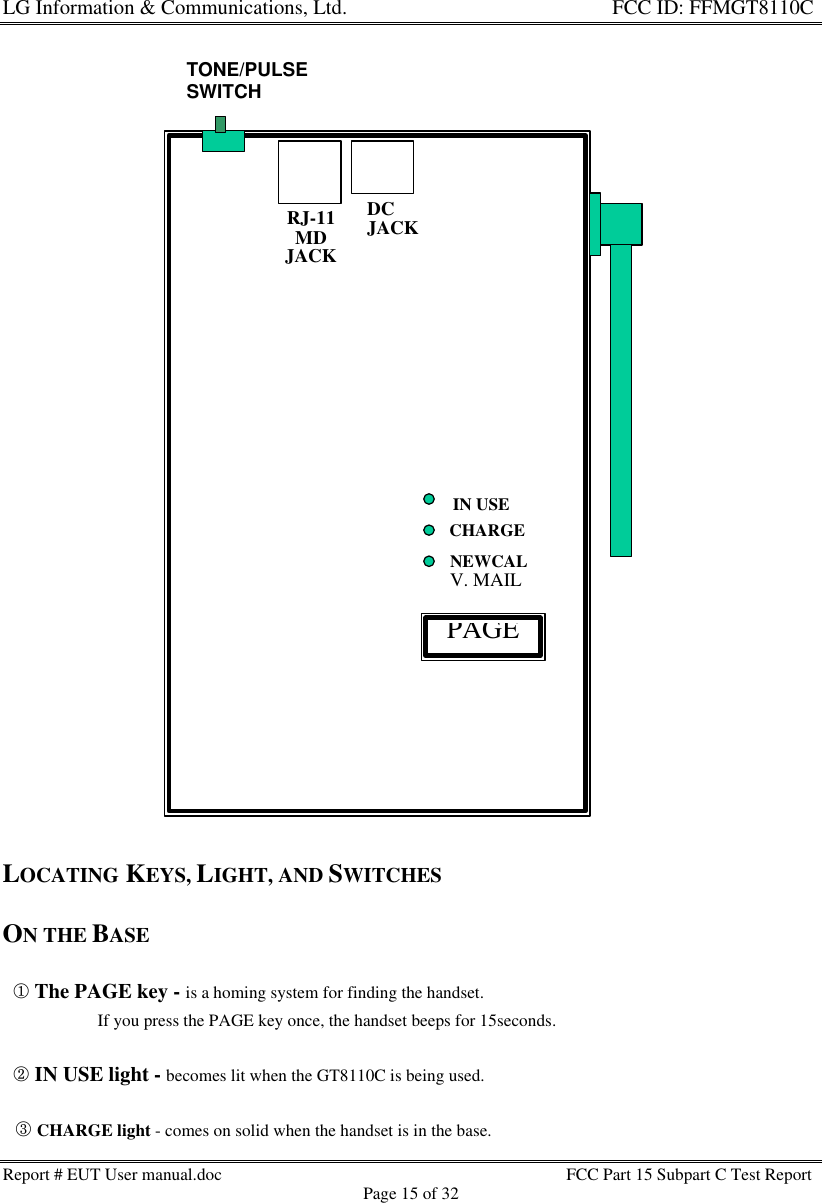 LG Information &amp; Communications, Ltd.                                                                    FCC ID: FFMGT8110CReport # EUT User manual.doc FCC Part 15 Subpart C Test ReportPage 15 of 32LOCATING KEYS, LIGHT, AND SWITCHESON THE BASE  ¬ The PAGE key - is a homing system for finding the handset.                      If you press the PAGE key once, the handset beeps for 15seconds.  - IN USE light - becomes lit when the GT8110C is being used.   ® CHARGE light - comes on solid when the handset is in the base.RJ-11MDJACKDCJACKPAGEIN USECHARGENEWCALV. MAILTONE/PULSESWITCH