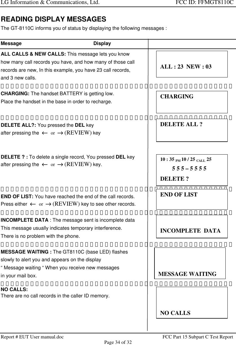 LG Information &amp; Communications, Ltd.                                                                    FCC ID: FFMGT8110CReport # EUT User manual.doc FCC Part 15 Subpart C Test ReportPage 34 of 32READING DISPLAY MESSAGESThe GT-8110C informs you of status by displaying the following messages :Message                                                    DisplayALL CALLS &amp; NEW CALLS: This message lets you knowhow many call records you have, and how many of those callrecords are new, In this example, you have 23 call records,and 3 new calls.CHARGING: The handset BATTERY is getting low.Place the handset in the base in order to recharge.DELETE ALL?: You pressed the DEL keyafter pressing the  ←←  or  →→ (REVIEW) keyDELETE ? : To delete a single record, You pressed DEL keyafter pressing the  ←←  or  →→ (REVIEW) key.    END OF LIST: You have reached the end of the call records.Press either  ←←  or  →→ (REVIEW) key to see other records.INCOMPLETE DATA : The message sent is incomplete dataThis message usually indicates temporary interference.There is no problem with the phone.MESSAGE WAITING : The GT8110C (base LED) flashesslowly to alert you and appears on the display“ Message waiting “ When you receive new messagesin your mail box.NO CALLS:There are no call records in the caller ID memory.ALL : 23  NEW : 03CHARGINGDELETE ALL ?END OF LISTINCOMPLETE  DATA                  ))MESSAGE WAITING10 : 35 PM 10 / 25 CALL 25        5 5 5 – 5 5 5 5DELETE ?NO CALLS