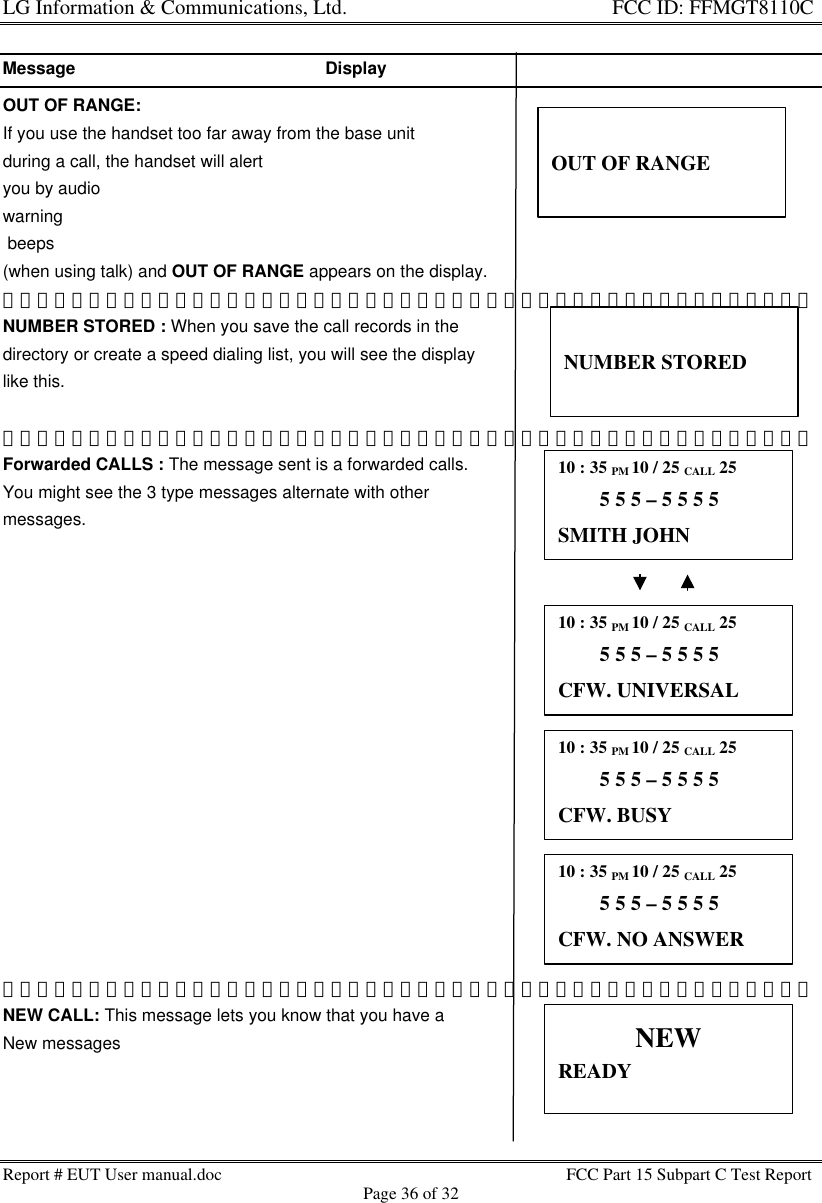 LG Information &amp; Communications, Ltd.                                                                    FCC ID: FFMGT8110CReport # EUT User manual.doc FCC Part 15 Subpart C Test ReportPage 36 of 32Message                                                    DisplayOUT OF RANGE:If you use the handset too far away from the base unitduring a call, the handset will alertyou by audio  warning beeps(when using talk) and OUT OF RANGE appears on the display.NUMBER STORED : When you save the call records in thedirectory or create a speed dialing list, you will see the displaylike this.Forwarded CALLS : The message sent is a forwarded calls.You might see the 3 type messages alternate with othermessages.NEW CALL: This message lets you know that you have aNew messagesOUT OF RANGENUMBER STORED10 : 35 PM 10 / 25 CALL 25        5 5 5 – 5 5 5 5SMITH JOHN10 : 35 PM 10 / 25 CALL 25        5 5 5 – 5 5 5 5CFW. UNIVERSAL10 : 35 PM 10 / 25 CALL 25        5 5 5 – 5 5 5 5CFW. BUSY10 : 35 PM 10 / 25 CALL 25        5 5 5 – 5 5 5 5CFW. NO ANSWERNEWREADY