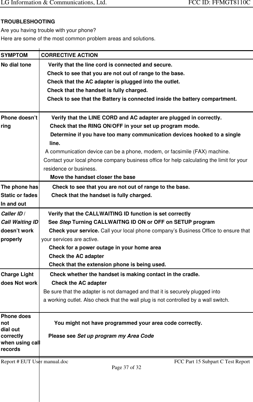 LG Information &amp; Communications, Ltd.                                                                    FCC ID: FFMGT8110CReport # EUT User manual.doc FCC Part 15 Subpart C Test ReportPage 37 of 32TROUBLESHOOTINGAre you having trouble with your phone?Here are some of the most common problem areas and solutions.SYMPTOM         CORRECTIVE ACTIONNo dial tone       * Verify that the line cord is connected and secure.                           * Check to see that you are not out of range to the base.                           * Check that the AC adapter is plugged into the outlet.                           * Check that the handset is fully charged.                           * Check to see that the Battery is connected inside the battery compartment.Phone doesn’t     * Verify that the LINE CORD and AC adapter are plugged in correctly.ring                      * Check that the RING ON/OFF in your set up program mode.                             * Determine if you have too many communication devices hooked to a single                                              line.                              A communication device can be a phone, modem, or facsimile (FAX) machine.                             Contact your local phone company business office for help calculating the limit for your                             residence or business.                             * Move the handset closer the baseThe phone has     * Check to see that you are not out of range to the base.Static or fades     * Check that the handset is fully charged.In and outCaller ID /           * Verify that the CALLWAITING ID function is set correctlyCall Waiting ID       See Step Turning CALLWAITNG ID ON or OFF on SETUP programdoesn’t work      * Check your service. Call your local phone company’s Business Office to ensure thatproperly             your services are active.                            ** Check for a power outage in your home area                            ** Check the AC adapter                            ** Check that the extension phone is being used.Charge Light       ** Check whether the handset is making contact in the cradle.does Not work     ** Check the AC adapter                         Be sure that the adapter is not damaged and that it is securely plugged into                         a working outlet. Also check that the wall plug is not controlled by a wall switch.Phone doesnot                          ** You might not have programmed your area code correctly.dial outcorrectly                 Please see Set up program my Area Codewhen using callrecords