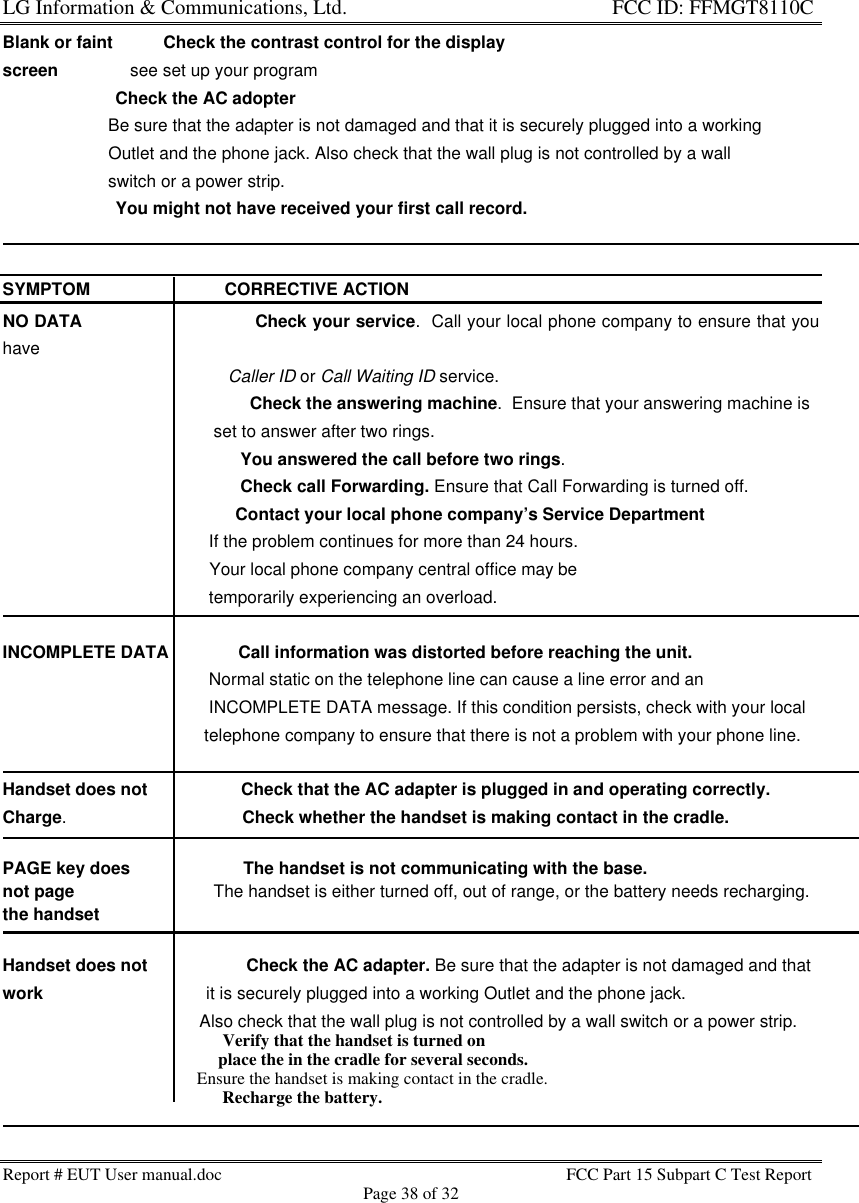 LG Information &amp; Communications, Ltd.                                                                    FCC ID: FFMGT8110CReport # EUT User manual.doc FCC Part 15 Subpart C Test ReportPage 38 of 32Blank or faint      ** Check the contrast control for the displayscreen               see set up your program                   ** Check the AC adopter                      Be sure that the adapter is not damaged and that it is securely plugged into a working                      Outlet and the phone jack. Also check that the wall plug is not controlled by a wall                      switch or a power strip.                   ** You might not have received your first call record.SYMPTOM                            CORRECTIVE ACTIONNO DATA                          ** Check your service.  Call your local phone company to ensure that youhave                                               Caller ID or Call Waiting ID service.                                               ** Check the answering machine.  Ensure that your answering machine is                                                               set to answer after two rings.                                             ** You answered the call before two rings.                                             ** Check call Forwarding. Ensure that Call Forwarding is turned off.                                            ** Contact your local phone company’s Service Department                                           If the problem continues for more than 24 hours.                                           Your local phone company central office may be                                           temporarily experiencing an overload.INCOMPLETE DATA          ** Call information was distorted before reaching the unit.                                           Normal static on the telephone line can cause a line error and an                                           INCOMPLETE DATA message. If this condition persists, check with your local                                          telephone company to ensure that there is not a problem with your phone line.Handset does not               ** Check that the AC adapter is plugged in and operating correctly.Charge.                                ** Check whether the handset is making contact in the cradle.PAGE key does                   ** The handset is not communicating with the base.not page                             The handset is either turned off, out of range, or the battery needs recharging.the handsetHandset does not                ** Check the AC adapter. Be sure that the adapter is not damaged and thatwork                                  it is securely plugged into a working Outlet and the phone jack.                                         Also check that the wall plug is not controlled by a wall switch or a power strip.                                              ** Verify that the handset is turned on                                             ** place the in the cradle for several seconds.                                             Ensure the handset is making contact in the cradle.                                              ** Recharge the battery.