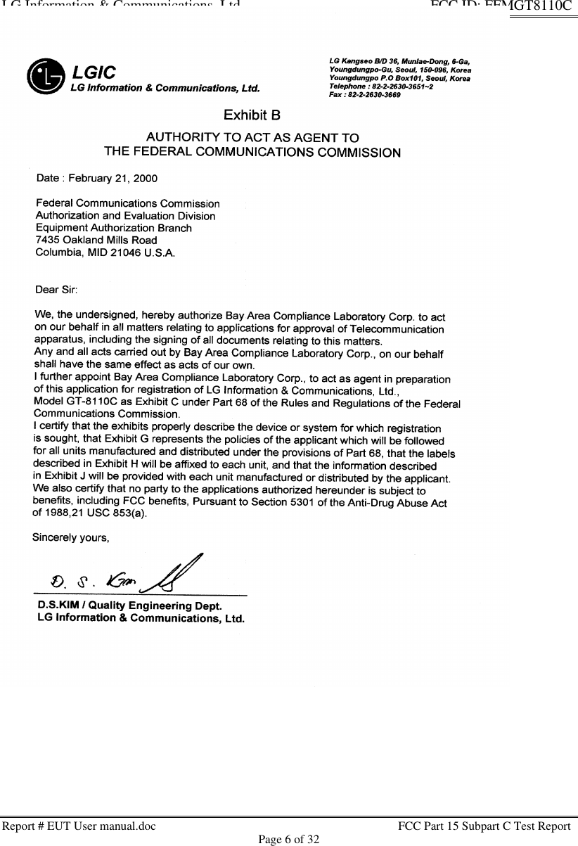 LG Information &amp; Communications, Ltd.                                                                    FCC ID: FFMGT8110CReport # EUT User manual.doc FCC Part 15 Subpart C Test ReportPage 6 of 32