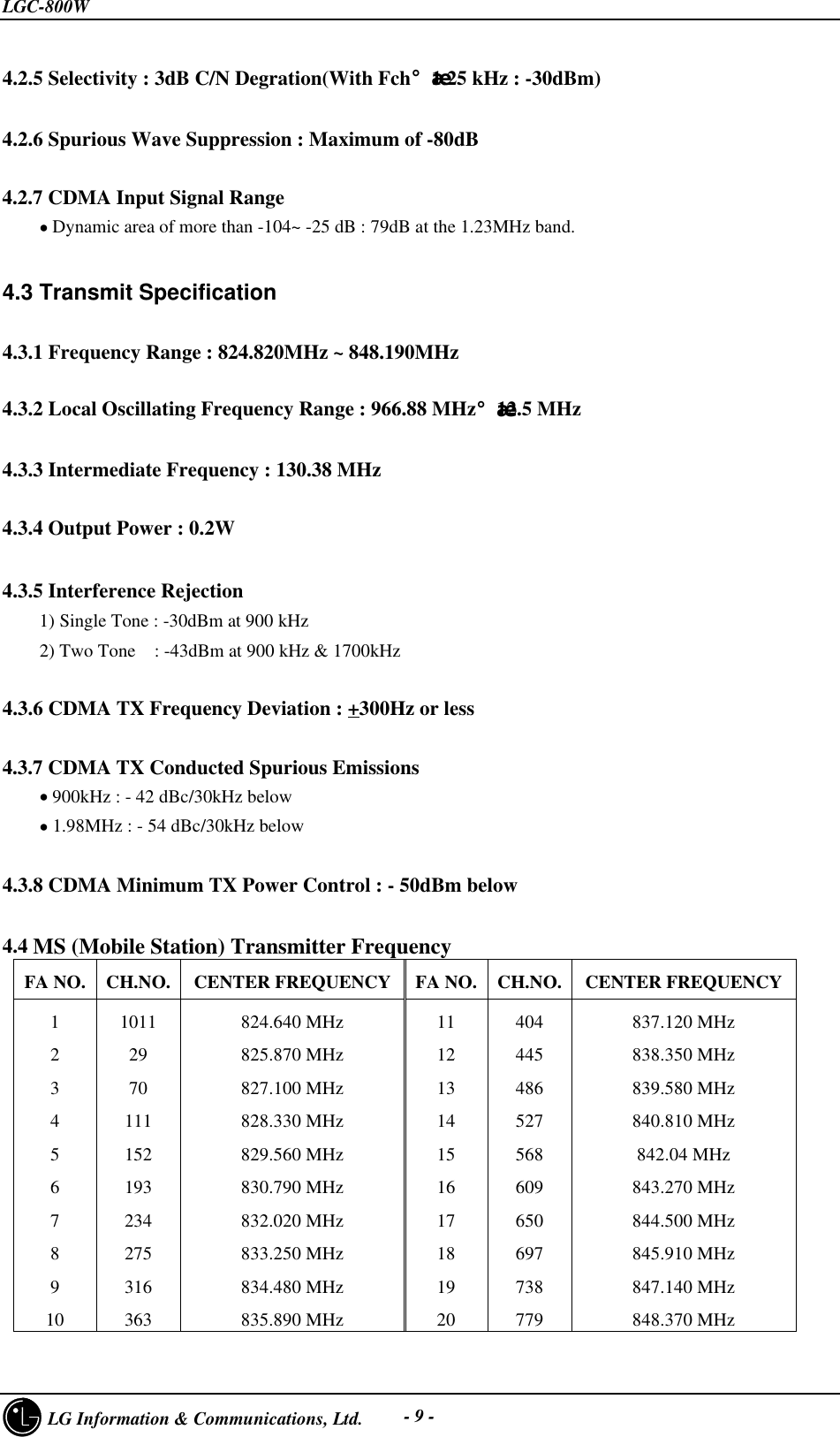 LGC-800W     LG Information &amp; Communications, Ltd. - 9 -4.2.5 Selectivity : 3dB C/N Degration(With Fch¡¾1.25 kHz : -30dBm)4.2.6 Spurious Wave Suppression : Maximum of -80dB4.2.7 CDMA Input Signal Range    • Dynamic area of more than -104~ -25 dB : 79dB at the 1.23MHz band.4.3 Transmit Specification4.3.1 Frequency Range : 824.820MHz ~ 848.190MHz4.3.2 Local Oscillating Frequency Range : 966.88 MHz¡¾12.5 MHz4.3.3 Intermediate Frequency : 130.38 MHz4.3.4 Output Power : 0.2W4.3.5 Interference Rejection    1) Single Tone : -30dBm at 900 kHz    2) Two Tone  : -43dBm at 900 kHz &amp; 1700kHz4.3.6 CDMA TX Frequency Deviation : +300Hz or less4.3.7 CDMA TX Conducted Spurious Emissions    • 900kHz : - 42 dBc/30kHz below    • 1.98MHz : - 54 dBc/30kHz below4.3.8 CDMA Minimum TX Power Control : - 50dBm below4.4 MS (Mobile Station) Transmitter FrequencyFA NO. CH.NO. CENTER FREQUENCY FA NO. CH.NO. CENTER FREQUENCY1234567891010112970111152193234275316363824.640 MHz825.870 MHz827.100 MHz828.330 MHz829.560 MHz830.790 MHz832.020 MHz833.250 MHz834.480 MHz835.890 MHz11121314151617181920404445486527568609650697738779837.120 MHz838.350 MHz839.580 MHz840.810 MHz842.04 MHz843.270 MHz844.500 MHz845.910 MHz847.140 MHz848.370 MHz