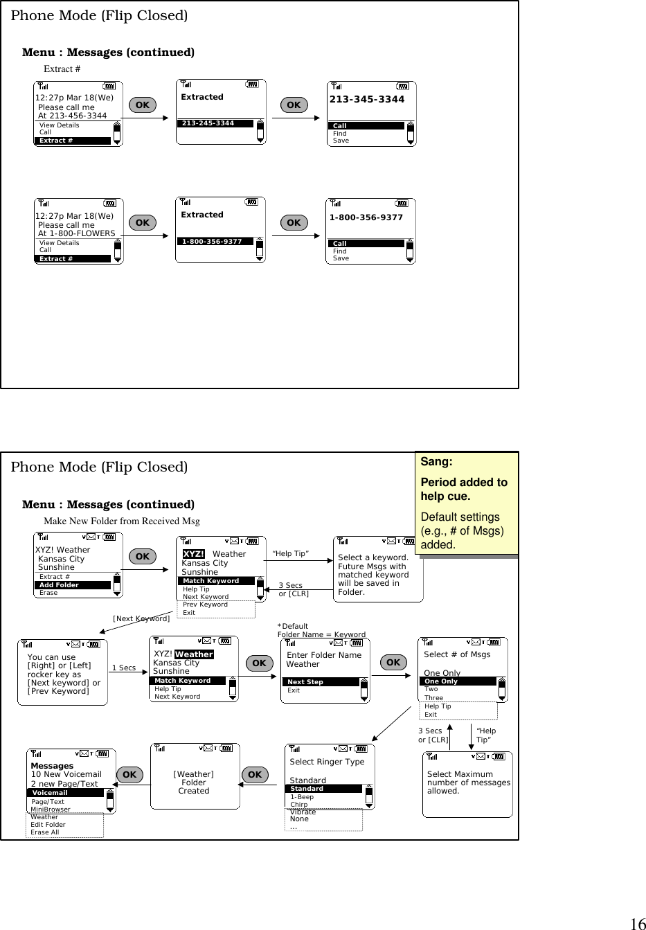 16Menu : Messages (continued)Extract #OKView DetailsExtract #Call12:27p Mar 18(We)Please call meAt 213-456-3344Extracted213-245-3344Phone Mode (Flip Closed)CallFindSave213-345-3344OKOKView DetailsExtract #Call12:27p Mar 18(We)Please call meAt 1-800-FLOWERSExtracted1-800-356-9377 CallFindSave1-800-356-9377OKMenu : Messages (continued)Make New Folder from Received MsgOKExtract #EraseAdd FolderXYZ! WeatherKansas CitySunshinePhone Mode (Flip Closed)Select a keyword.Future Msgs withmatched keywordwill be saved inFolder.Match KeywordNext KeywordPrev KeywordExitHelp TipWeatherKansas CitySunshineXYZ!Match KeywordHelp TipXYZ!Kansas CitySunshineNext KeywordWeather“Help Tip”3 Secsor [CLR]You can use[Right] or [Left] rocker key as[Next keyword] or[Prev Keyword][Next Keyword]1 SecsNext StepExitEnter Folder NameWeatherOKOne OnlyTwoThreeHelp TipExitSelect # of MsgsOne OnlySelect Maximumnumber of messagesallowed.“Help Tip”3 Secsor [CLR]*DefaultFolder Name = Keyword[Weather]FolderCreatedOKMiniBrowserWeatherEdit FolderErase AllMessagesVoicemailPage/Text10 New Voicemail2 new Page/Text OKOKStandardSelect Ringer TypeStandard1-BeepChirpVibrateNone...Sang:Period added tohelp cue.Default settings(e.g., # of Msgs)added.Sang:Period added tohelp cue.Default settings(e.g., # of Msgs)added.