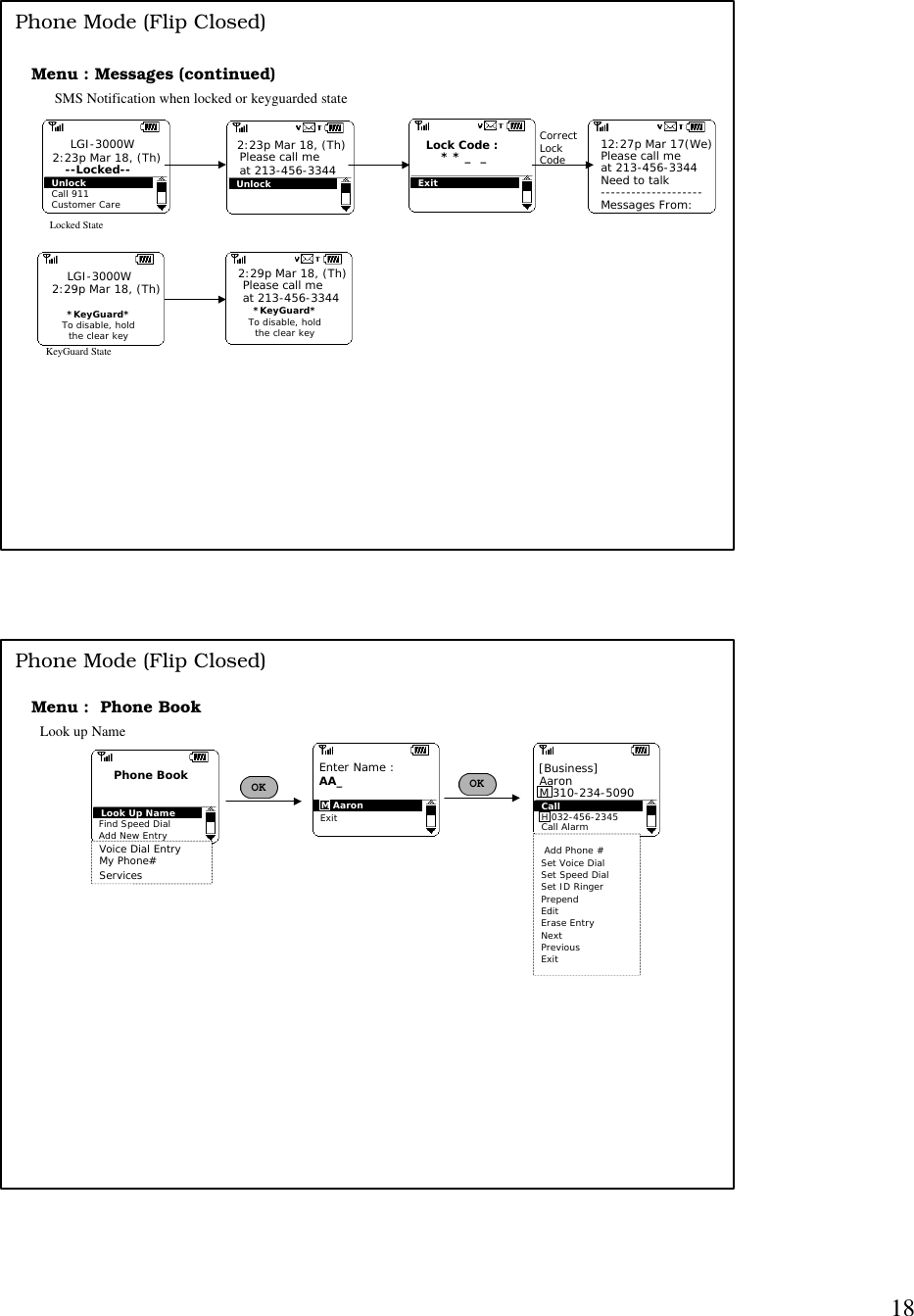 18UnlockCall 911LGI-3000W2:23p Mar 18, (Th)--Locked--Locked State*KeyGuard*To disable, holdthe clear keyLGI-3000W2:29p Mar 18, (Th)KeyGuard StateCustomer CareSMS Notification when locked or keyguarded stateUnlock2:23p Mar 18, (Th)Please call meat 213-456-3344*KeyGuard*To disable, holdthe clear key2:29p Mar 18, (Th)Please call meat 213-456-3344ExitLock Code :    * * _  _ 12:27p Mar 17(We)Please call me at 213-456-3344Need to talk--------------------Messages From:CorrectLockCodeMenu : Messages (continued)Phone Mode (Flip Closed) Voice Dial EntryMy Phone#Services Menu :  Phone Book Add Phone #Set Voice DialSet Speed DialSet ID RingerPrependEditErase EntryNextPreviousExitCallH 032-456-2345Call Alarm[Business]AaronM 310-234-5090Add New EntryPhone BookLook Up NameFind Speed DialEnter Name : AA_M AaronExit Look up NamePhone Mode (Flip Closed)OK OK