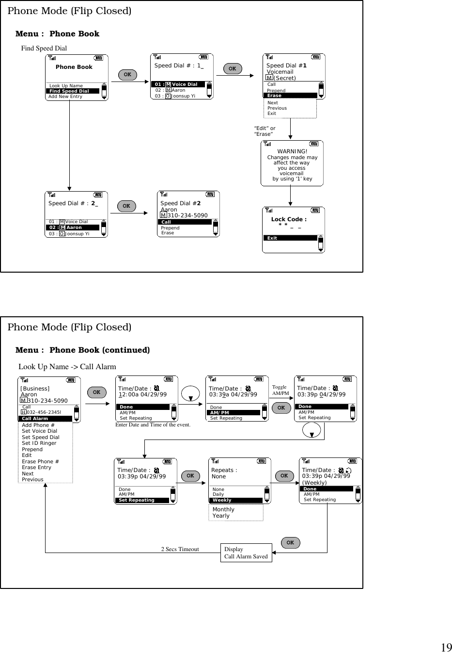 19Add New EntryPhone BookLook Up NameFind Speed DialFind Speed DialSpeed Dial # : 2_02 : M Aaron03 : O Joonsup YiSpeed Dial #2CallPrependAaronM 310-234-5090EraseOKOK01 : M Voice DialMenu :  Phone BookPhone Mode (Flip Closed)Speed Dial # : 1_02 : M Aaron03 : O Joonsup YiSpeed Dial #1CallPrependVoicemailM (Secret)EraseNextPreviousExitOK01 : M Voice DialExitLock Code :    * * _  _“Edit” or“Erase”WARNING!Changes made mayaffect the way you access voicemail by using ‘1’ keyMenu :  Phone Book (continued)Look Up Name -&gt; Call Alarm Add Phone #Set Voice DialSet Speed DialSet ID RingerPrependEditErase Phone #Erase EntryNextPreviousCall AlarmH 032-456-2345lCall AaronM 310-234-5090 [Business] OKEnter Date and Time of the event.OK2 Secs TimeoutPhone Mode (Flip Closed)Set RepeatingDone12:00a 04/29/99 Time/Date : AM/PM  Set RepeatingDone03:39a 04/29/99 Time/Date : AM/PM Set RepeatingDone03:39p 04/29/99 Time/Date : AM/PM Toggle AM/PMWeeklyNoneNone Repeats : Daily  MonthlyYearlySet RepeatingDone03:39p 04/29/99(Weekly)AM/PM  Time/Date : OK OKDisplayCall Alarm SavedOKSet RepeatingDone03:39p 04/29/99 Time/Date : AM/PM 