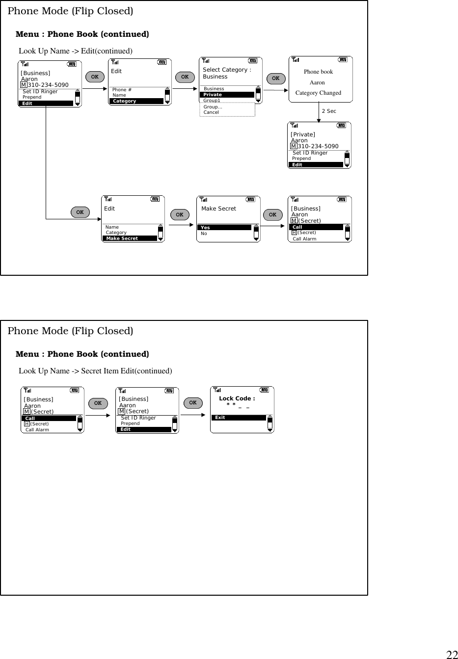 22Menu : Phone Book (continued)Look Up Name -&gt; Edit(continued)EditPrependSet ID RingerAaronM 310-234-5090 [Business]OKMake SecretName EditCategoryOK Make SecretYesNo CallH (Secret)AaronM (Secret) [Business]Call AlarmOKPhone Mode (Flip Closed)CategoryPhone # EditNameOK Select Category : BusinessBusinessPrivateGroup1Group…CancelEditPrependSet ID RingerAaronM 310-234-5090 [Private]OKOK Phone bookCategory ChangedAaron2 SecMenu : Phone Book (continued)Phone Mode (Flip Closed)Look Up Name -&gt; Secret Item Edit(continued)CallH (Secret)AaronM (Secret) [Business]Call AlarmAaronM (Secret) [Business]EditPrependSet ID RingerOKExitLock Code :    * * _  _OK