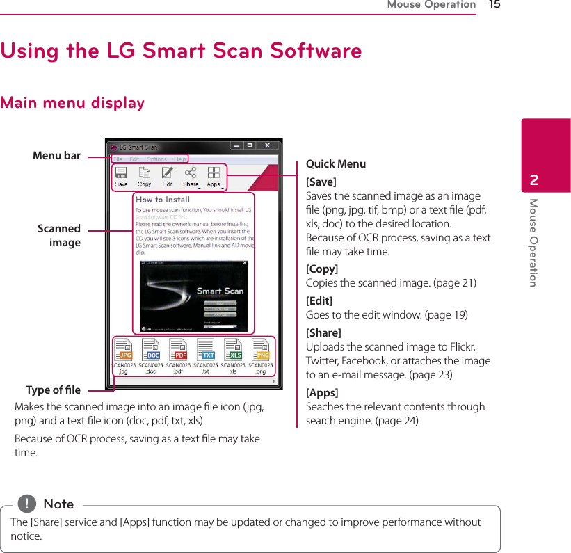 Mouse Operation 15Mouse Operation2Main menu displayMenu bar Type of leScanned  imageQuick Menu[Save] Saves the scanned image as an image le (png, jpg, tif, bmp) or a text le (pdf, xls, doc) to the desired location.  Because of OCR process, saving as a text le may take time.[Copy] Copies the scanned image. (page 21)[Edit] Goes to the edit window. (page 19)[Share] Uploads the scanned image to Flickr, Twitter, Facebook, or attaches the image to an e-mail message. (page 23)[Apps] Seaches the relevant contents through search engine. (page 24)Makes the scanned image into an image le icon (jpg, png) and a text le icon (doc, pdf, txt, xls).Because of OCR process, saving as a text le may take time.Using the LG Smart Scan SoftwareThe [Share] service and [Apps] function may be updated or changed to improve performance without notice. , Note